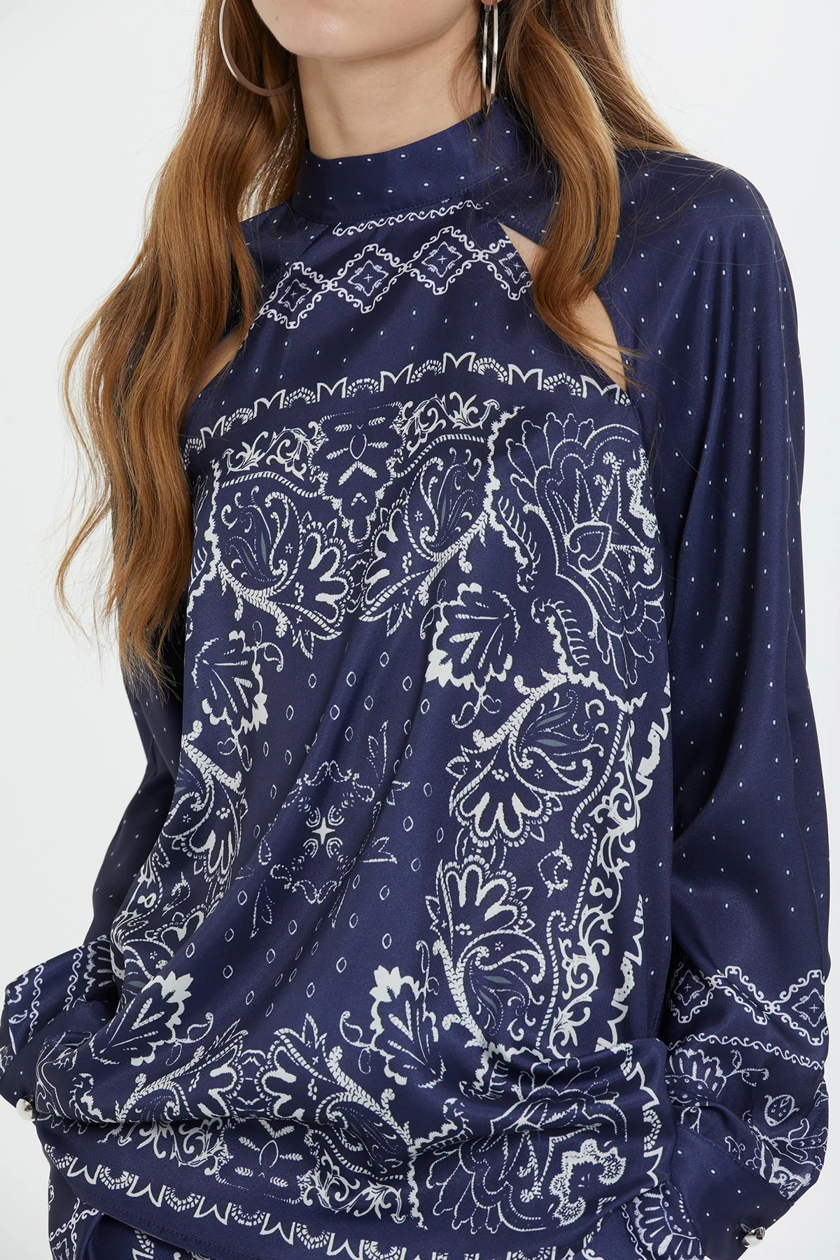 Navy Raglan-Sleeve Patterned Blouse - Image 2