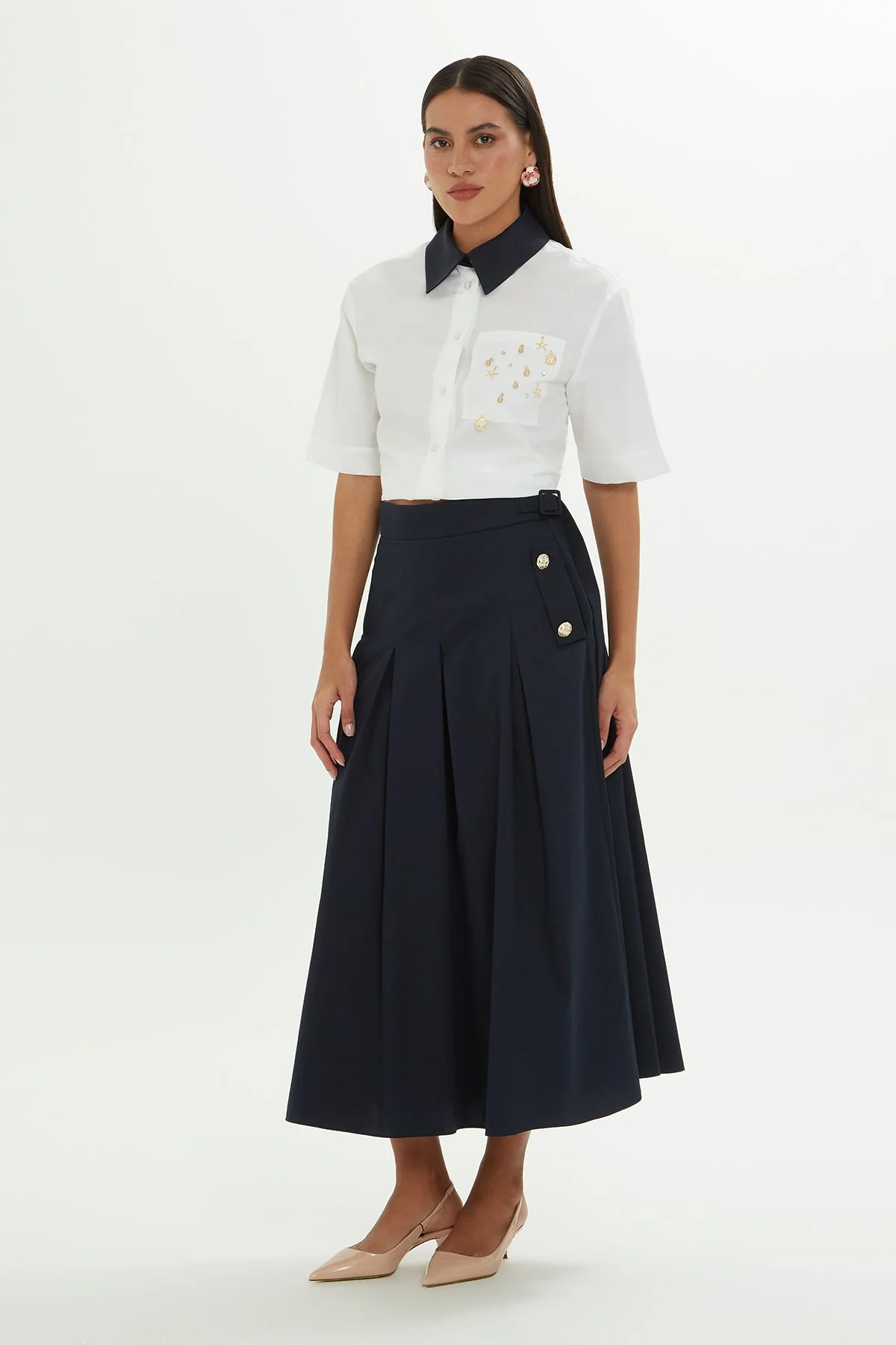 Navy Sash-Detail Midi Skirt - Image 3