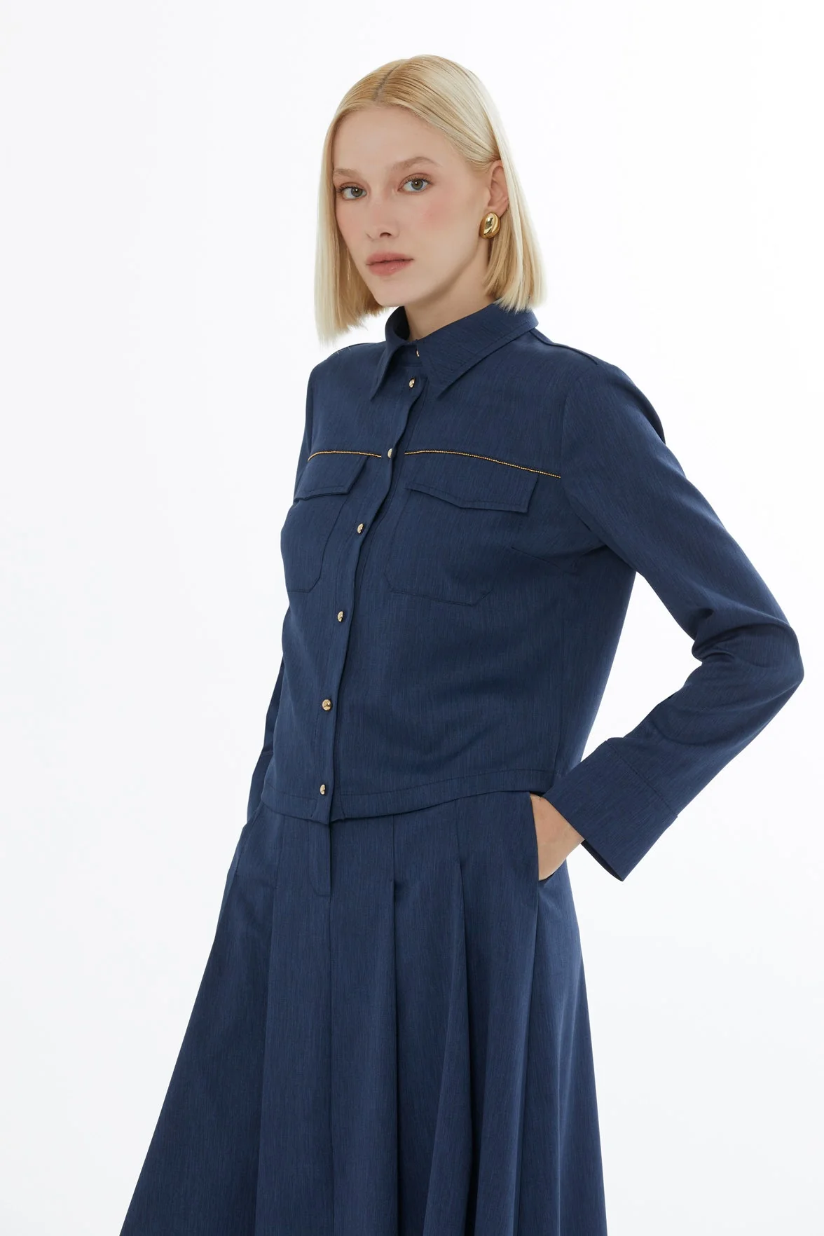 Navy Shirt and Midi Skirt Set - Image 3