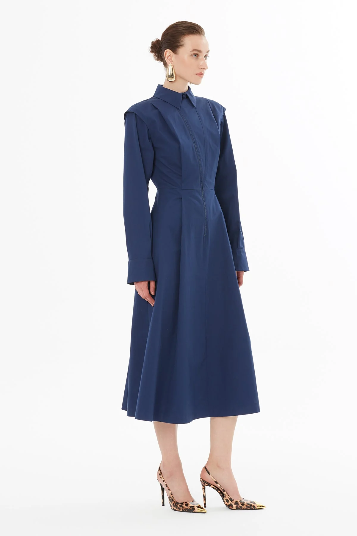 Navy Shirt-Collar Asymmetrical Midi Dress - Image 3