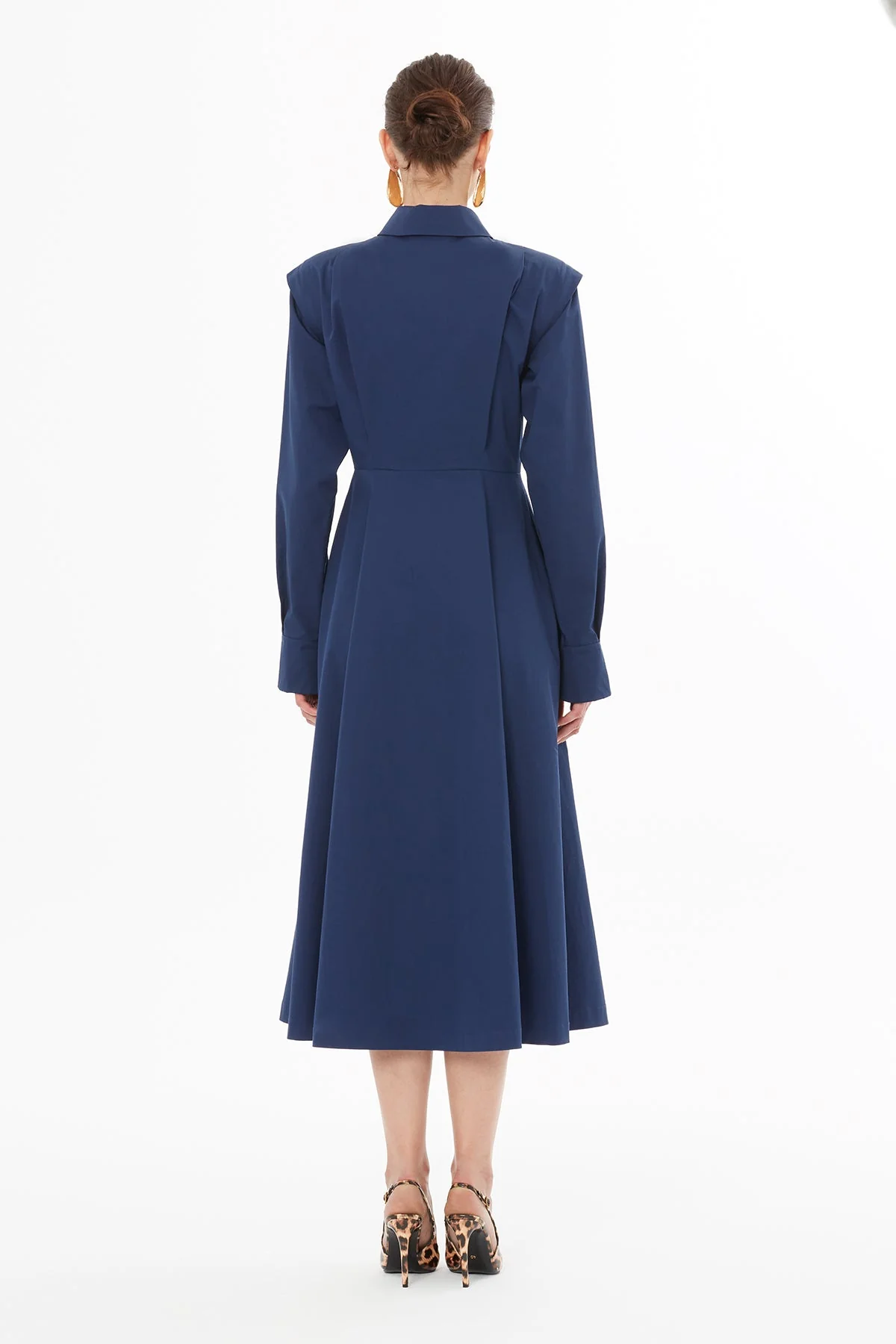 Navy Shirt-Collar Asymmetrical Midi Dress - Image 4