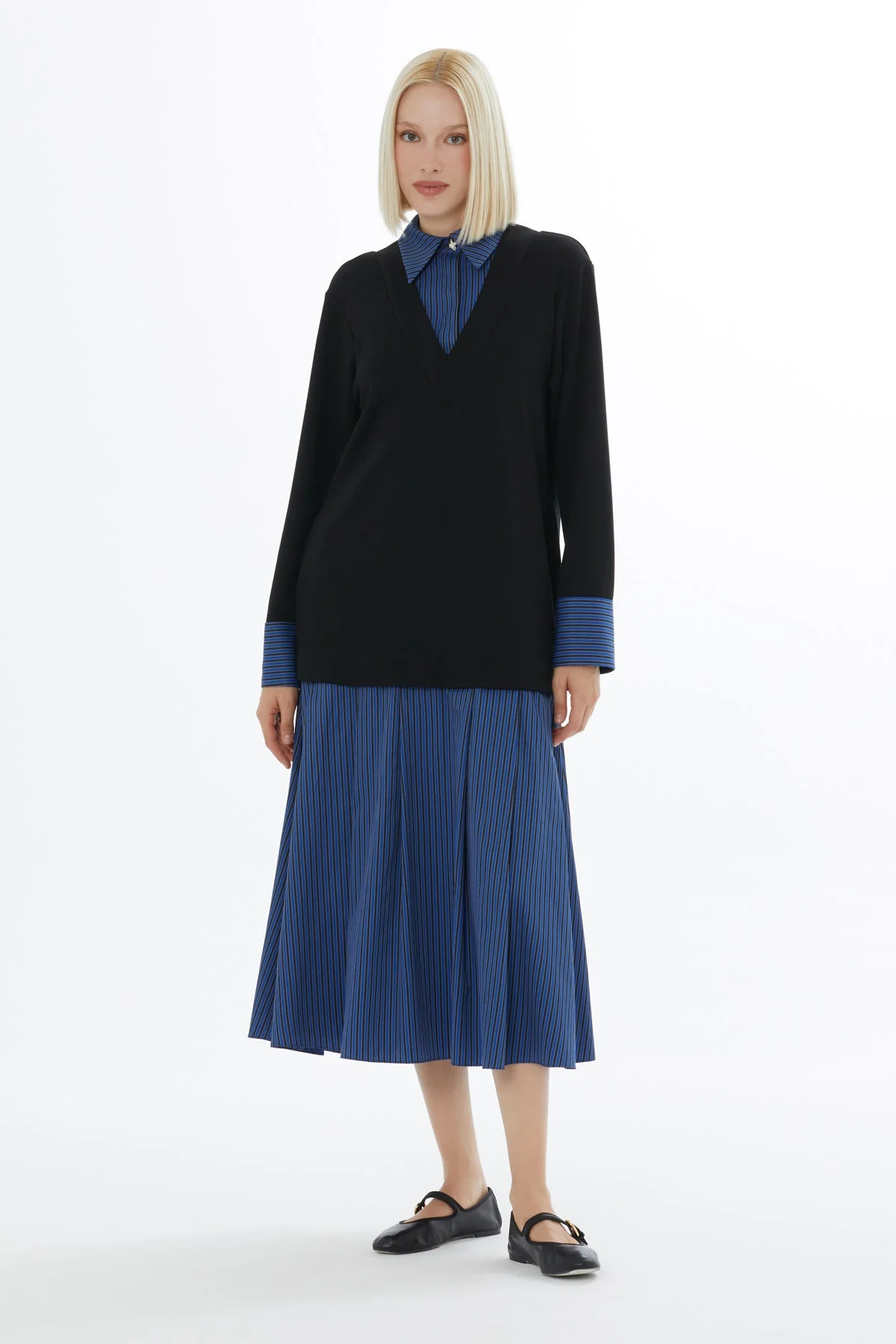 Navy Shirt-Detail Midi Dress
