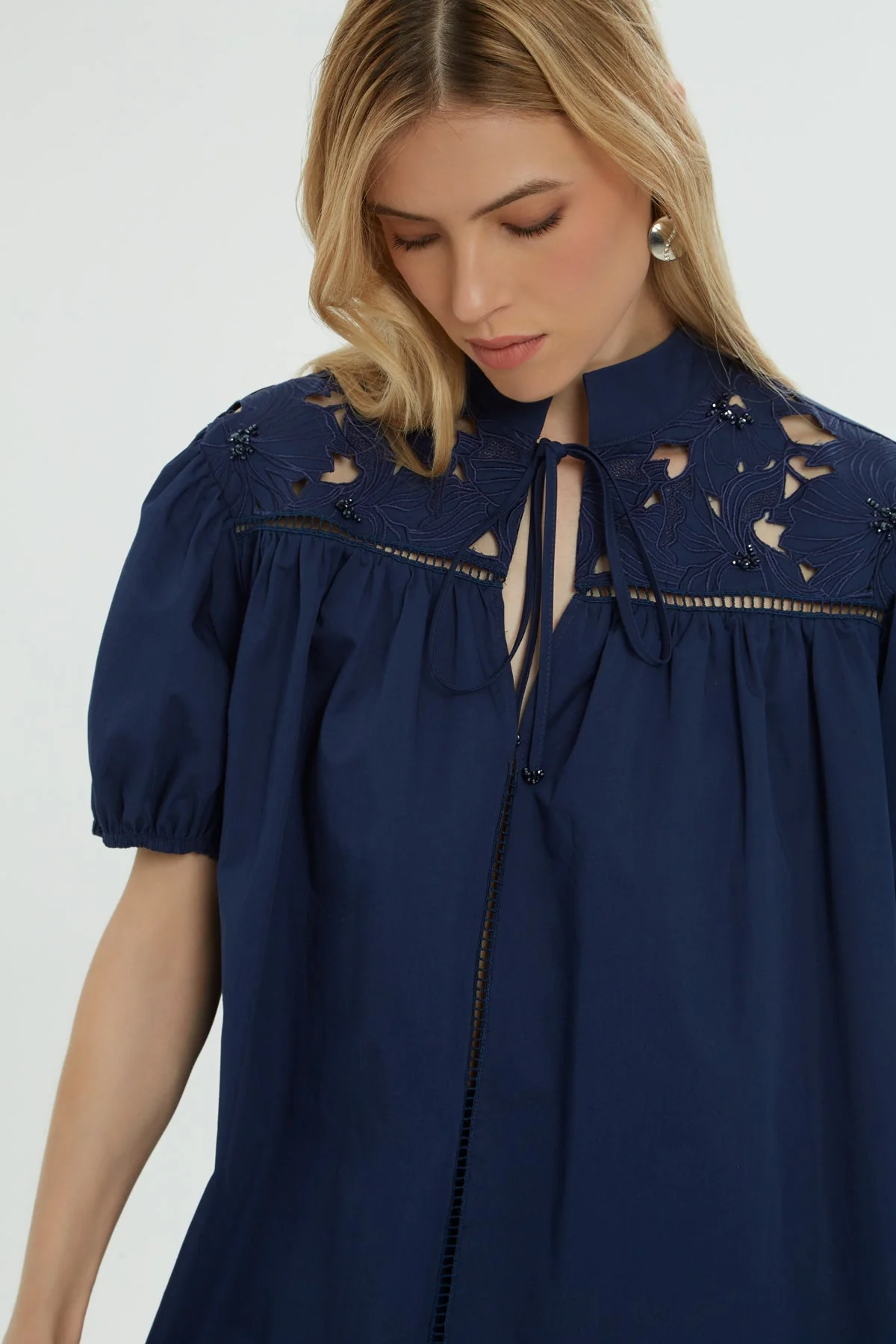 Navy Stand-Collar Cotton Shirt - Image 2