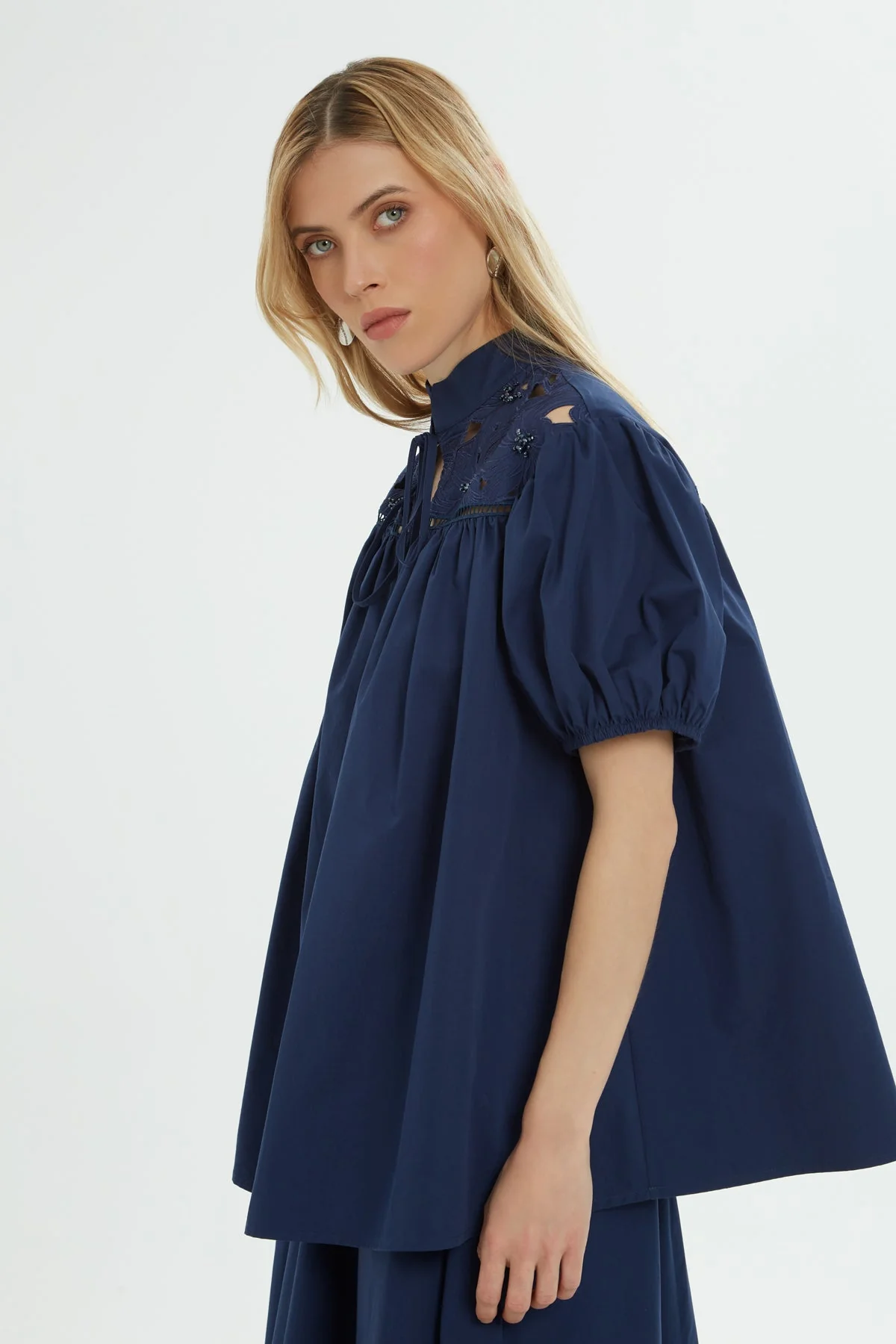 Navy Stand-Collar Cotton Shirt - Image 3
