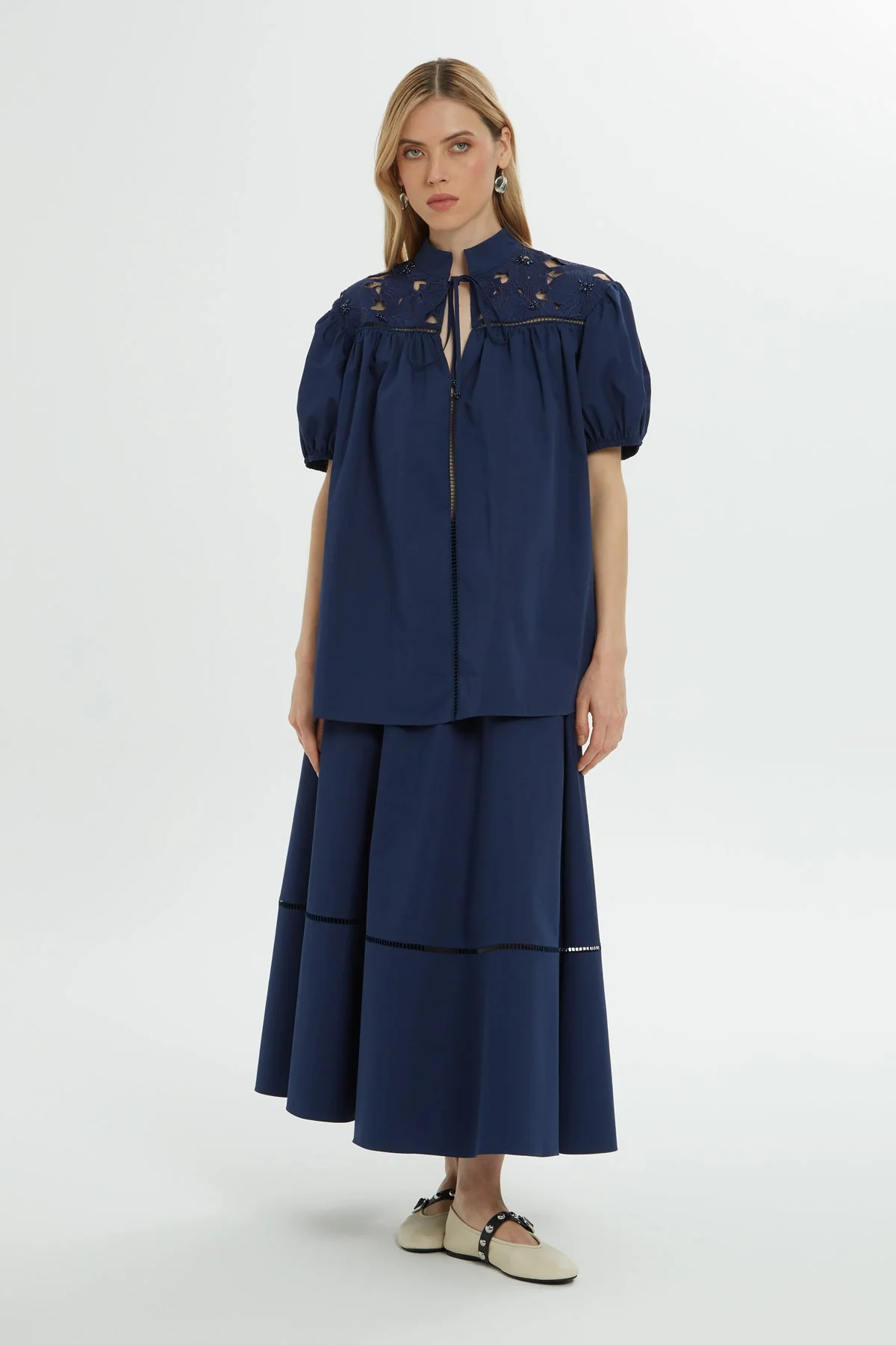 Navy Stand-Collar Cotton Shirt - Image 4