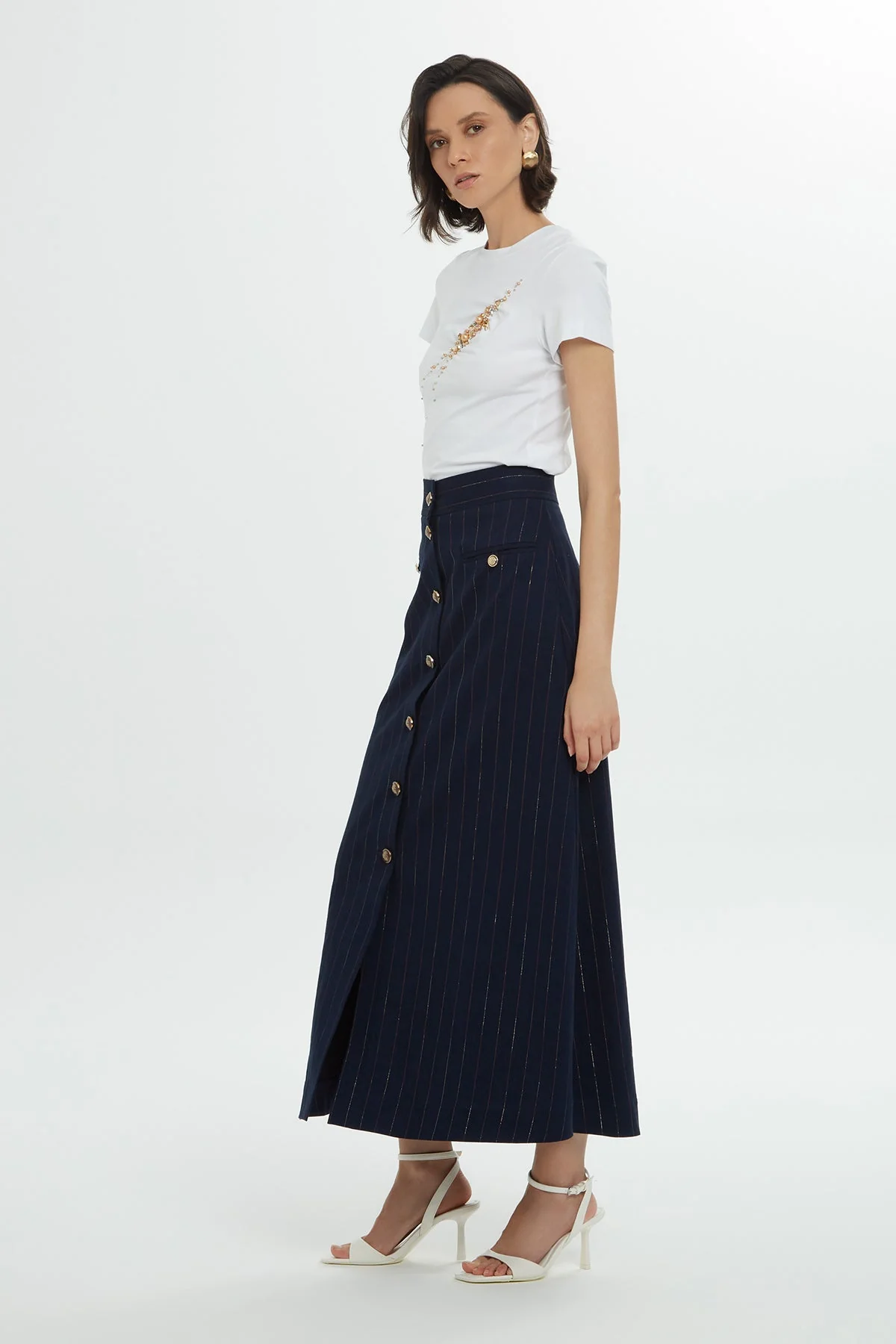 Navy Striped Cotton Midi Skirt - Image 2