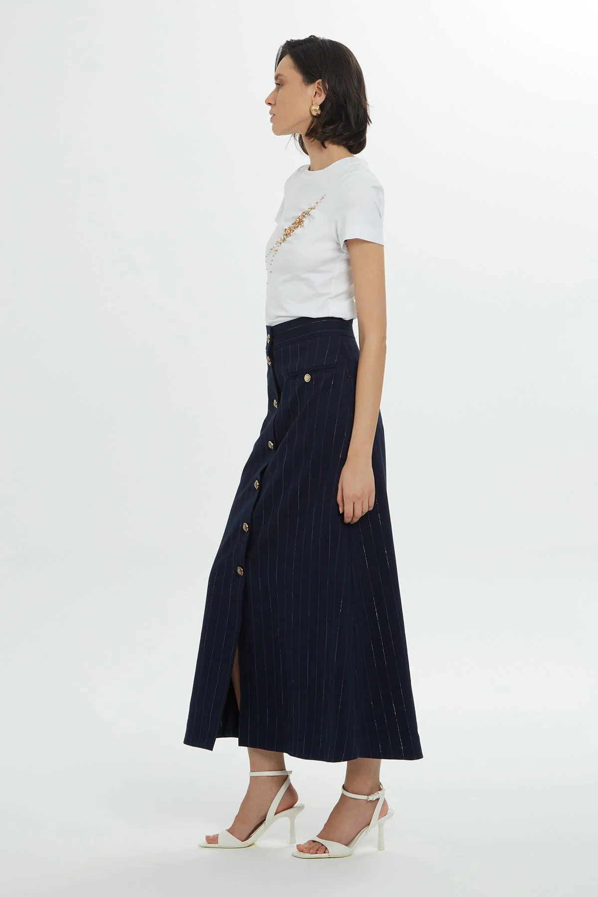 Navy Striped Cotton Midi Skirt - Image 3