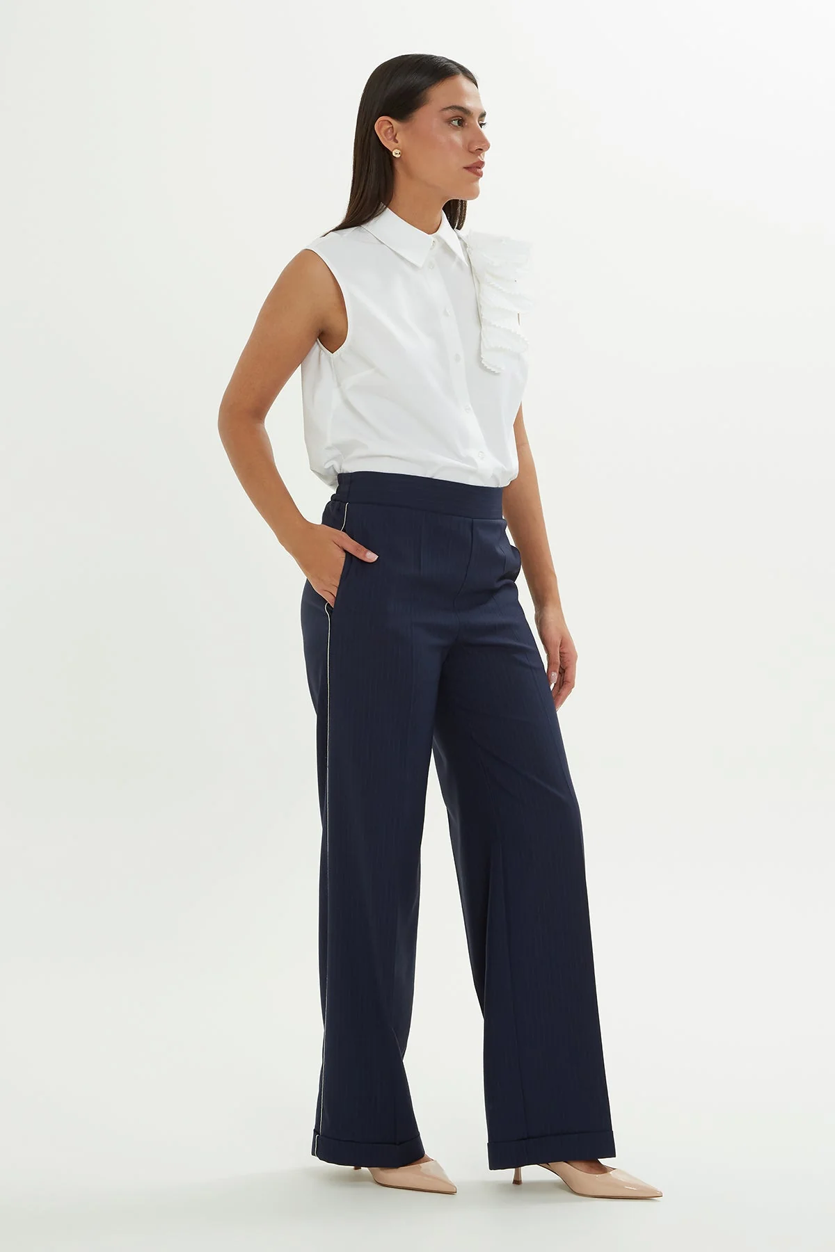 Navy Striped Trousers with Chain Trim - Image 3