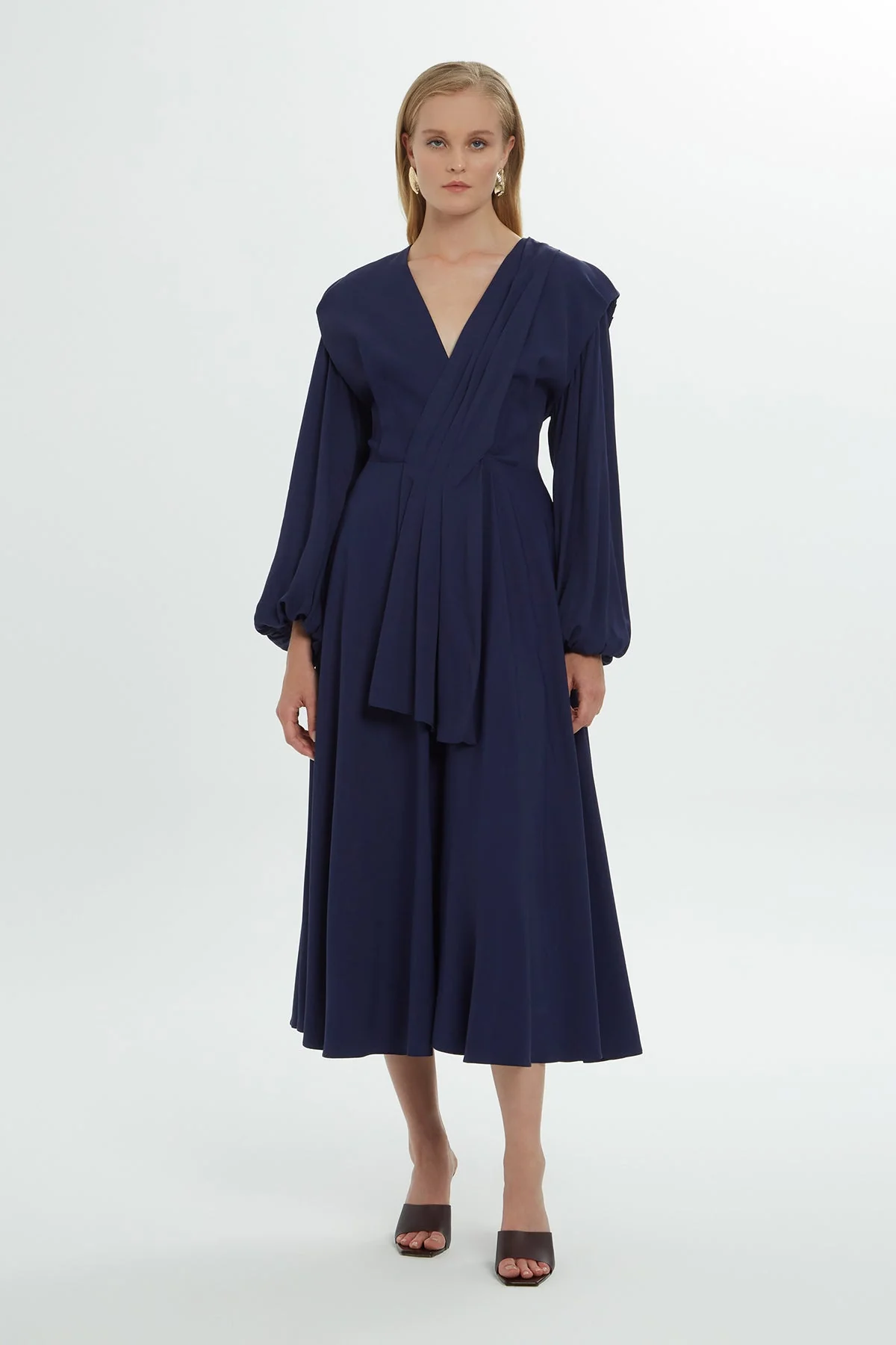 Navy V-Neck Midi Dress