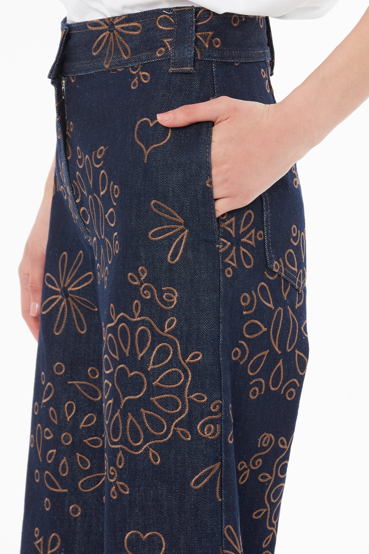 Navy Zip-Closure Embroidered Pants - Image 4