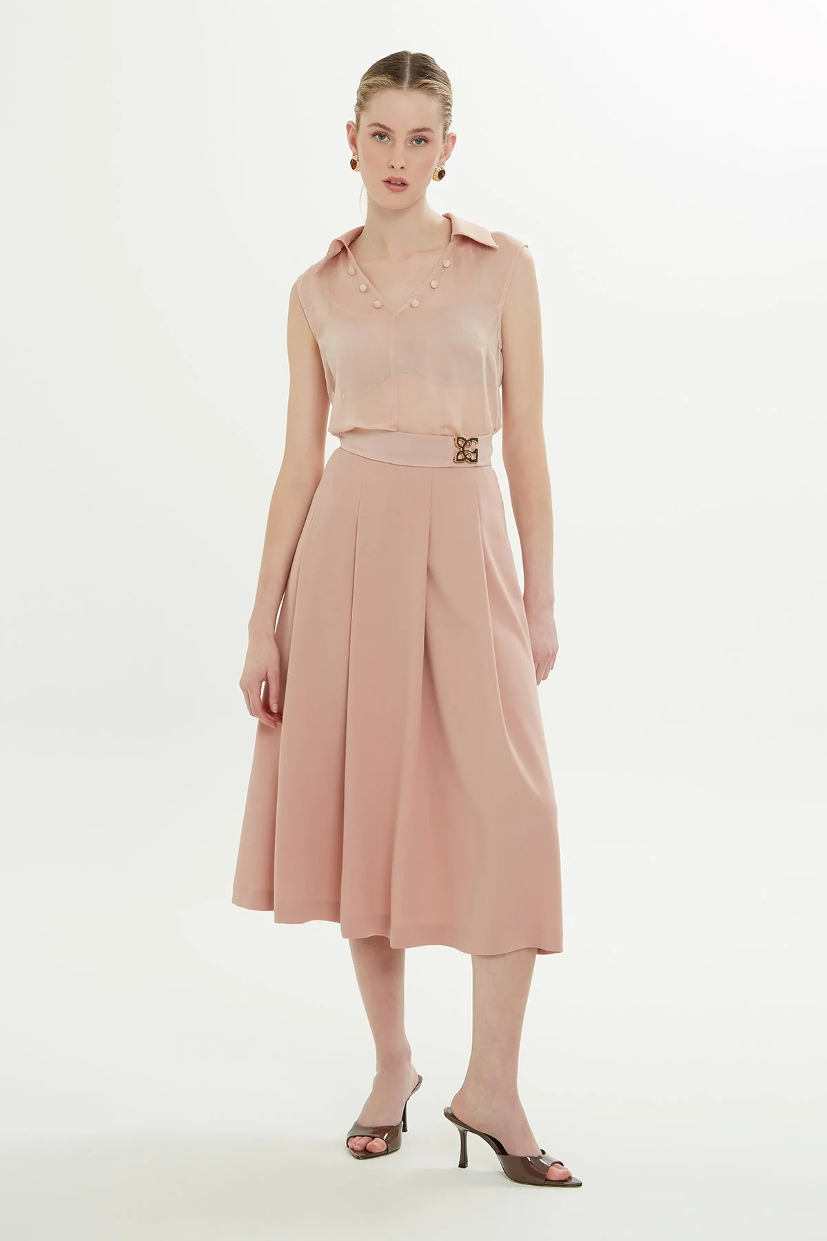 Orange Pleated Midi Skirt