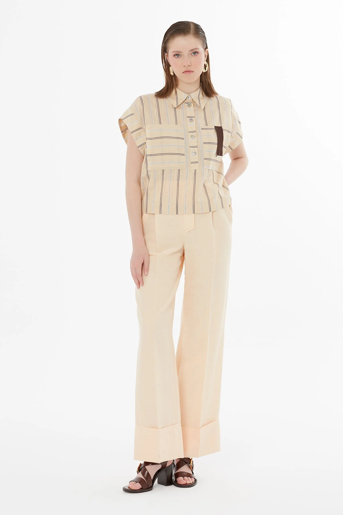 Orange Stripe Detail Pocket Blouse