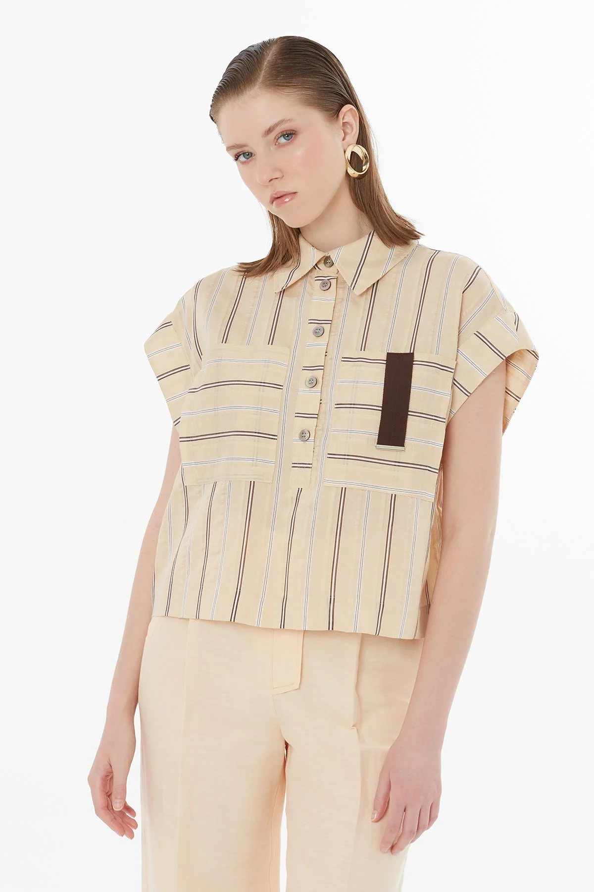 Orange Stripe Detail Pocket Blouse - Image 2