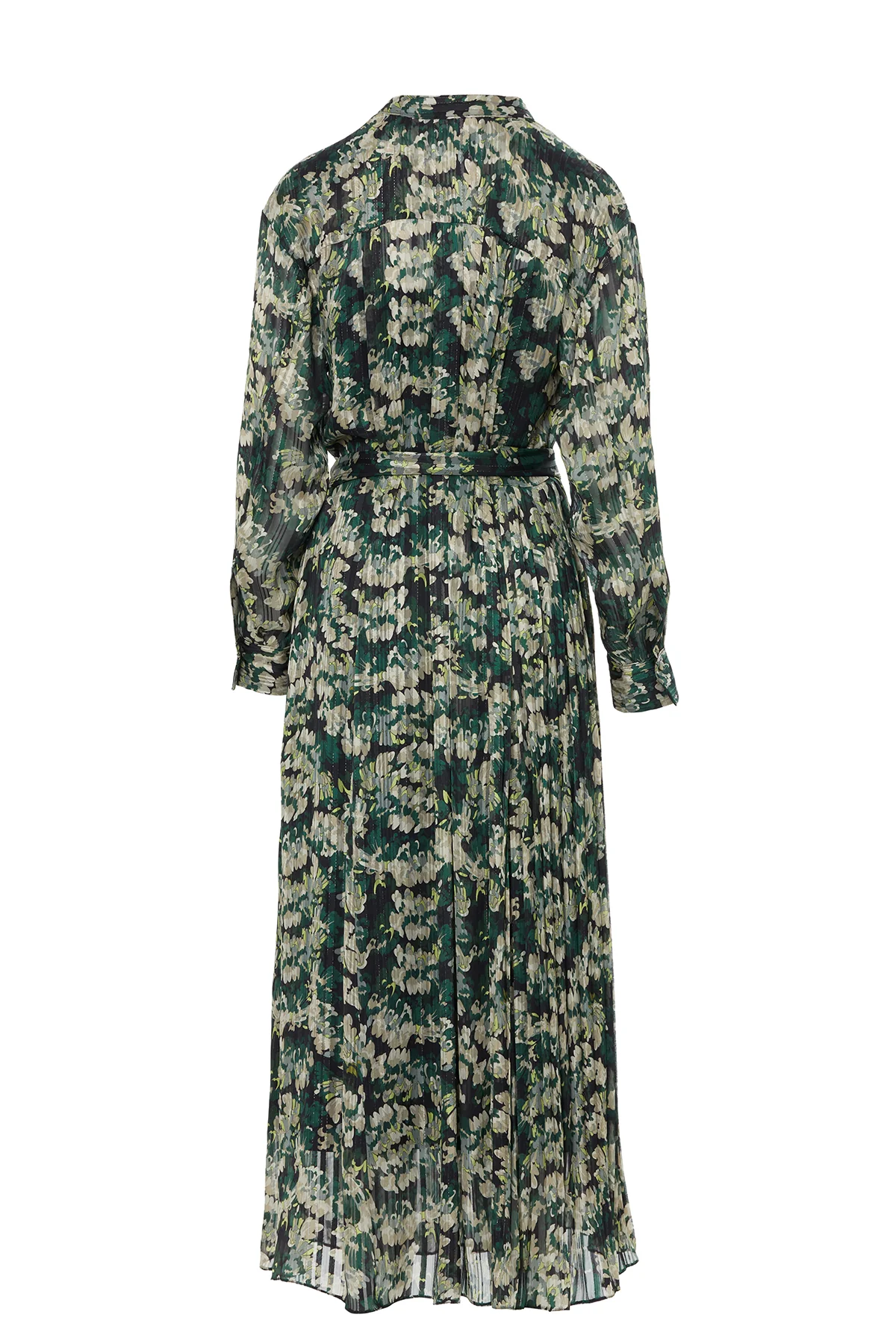 Patterned Dress with Belt and Mandarin Collar - Image 3