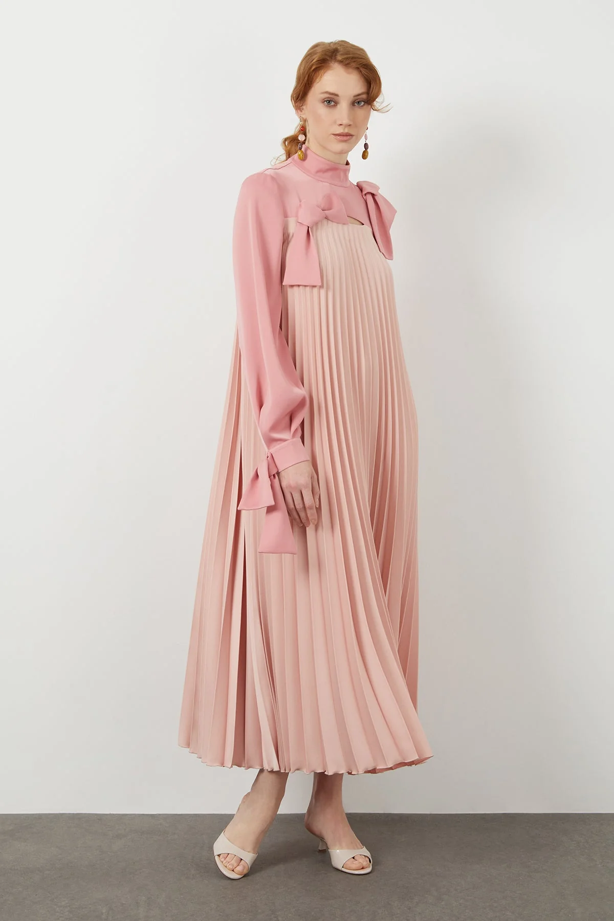 Pink Bow-Detail Pleated Midi Dress - Image 3