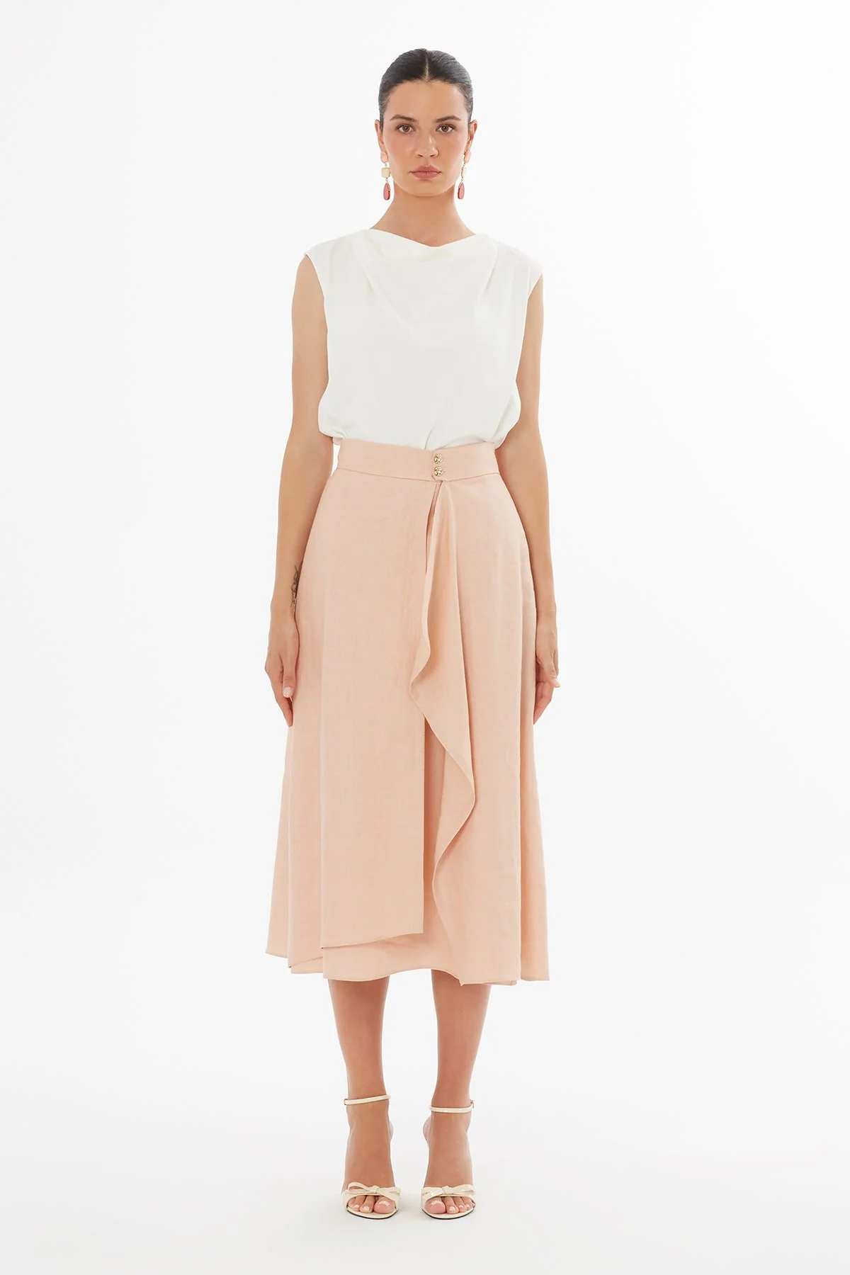 Pink Button Front Flared Skirt