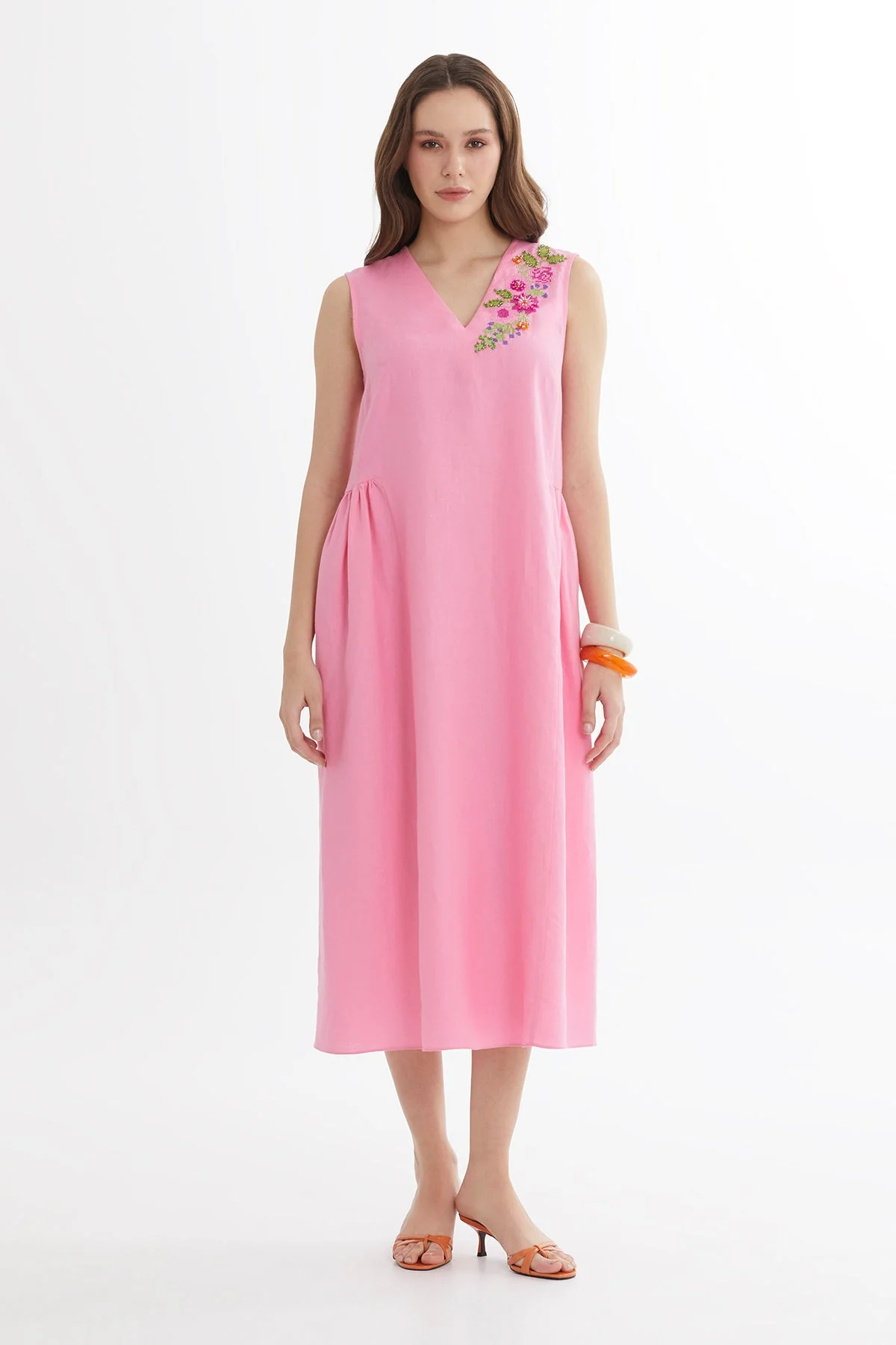 Pink Color Canvas Embroidered Linen Midi Dress