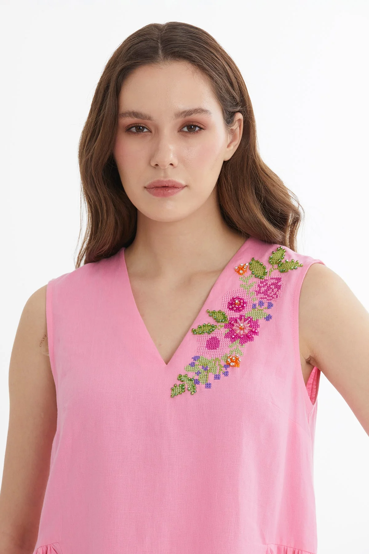 Pink Color Canvas Embroidered Linen Midi Dress - Image 2
