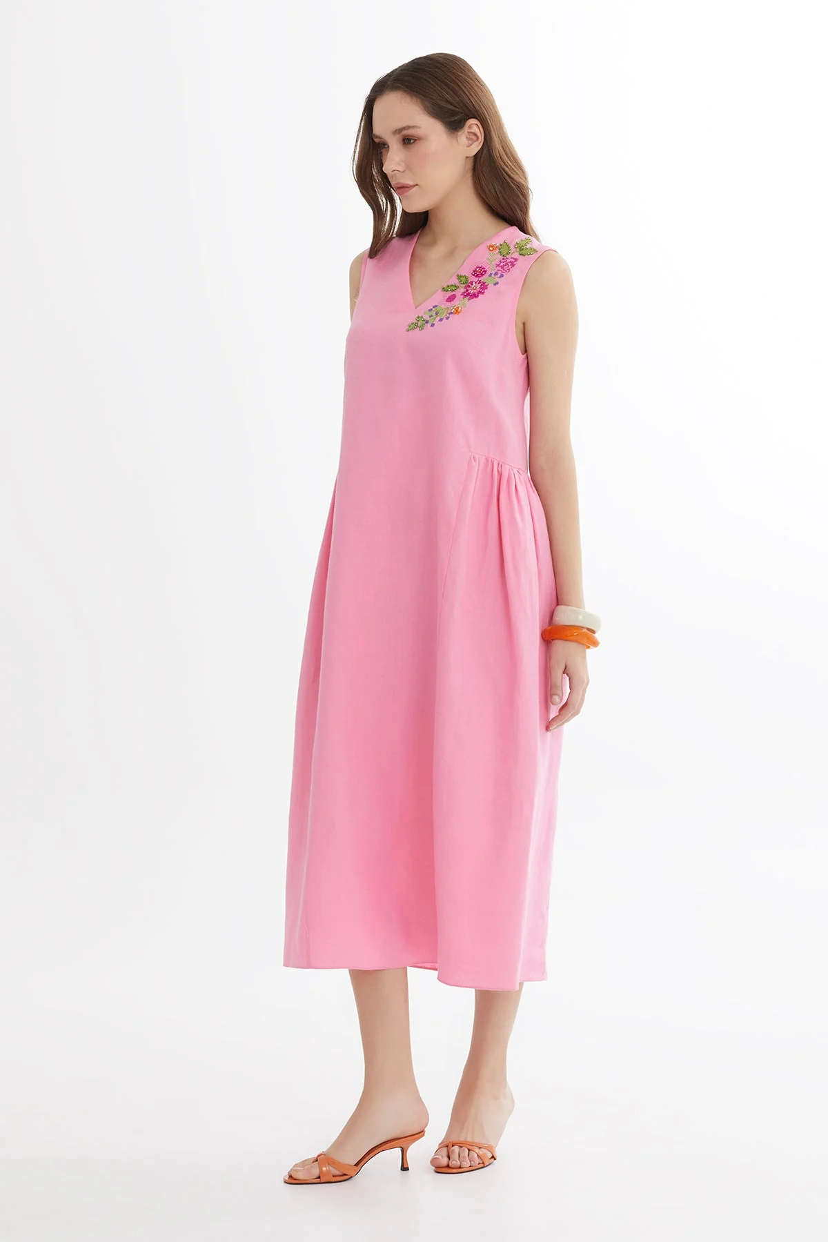 Pink Color Canvas Embroidered Linen Midi Dress - Image 3
