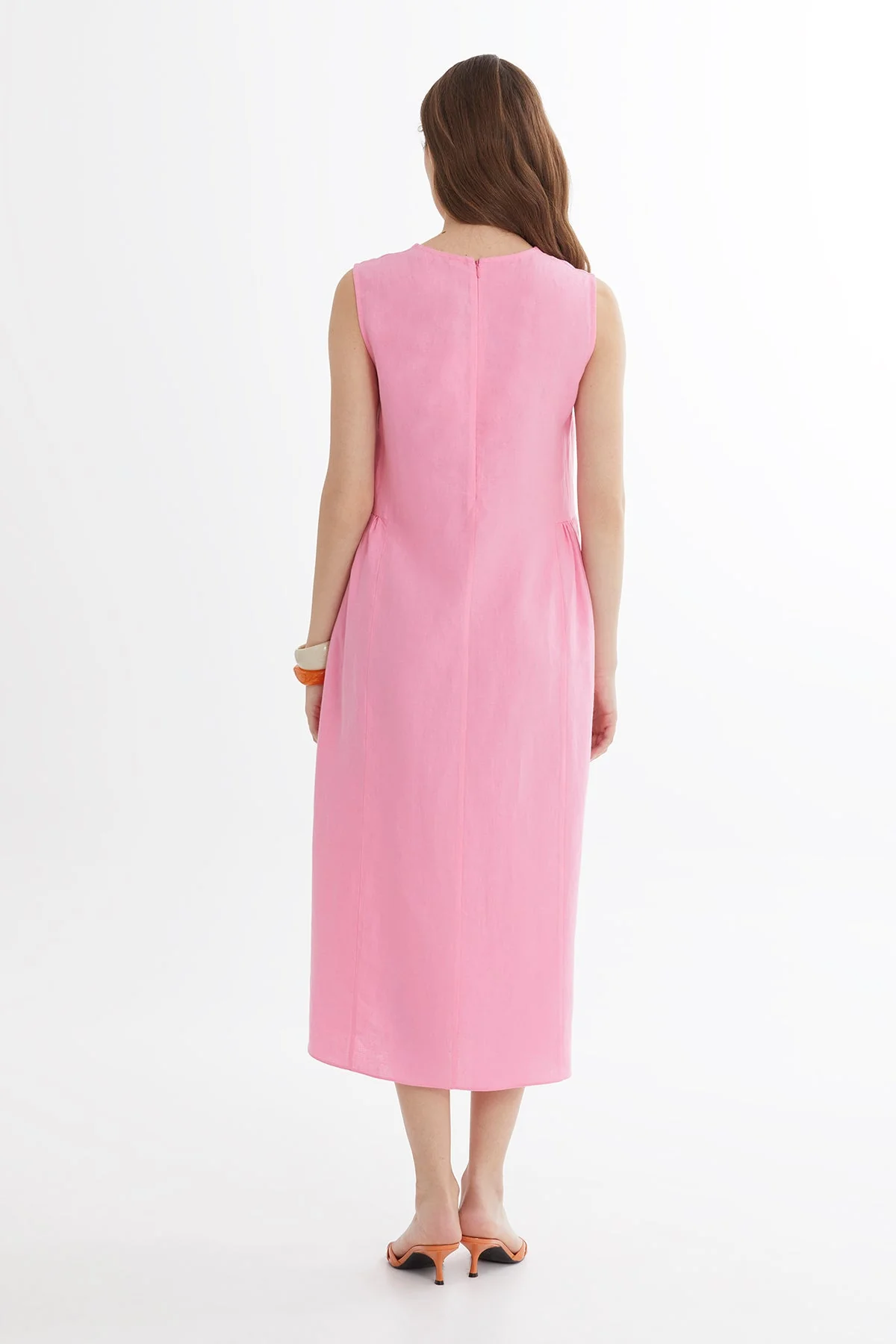 Pink Color Canvas Embroidered Linen Midi Dress - Image 4