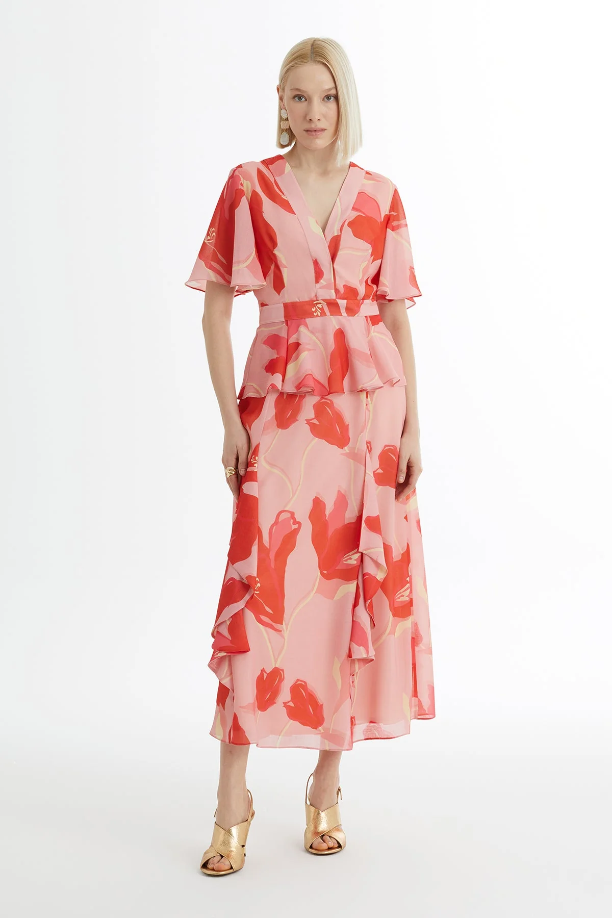 Pink Patterned Blouse Ruffle Skirt Set