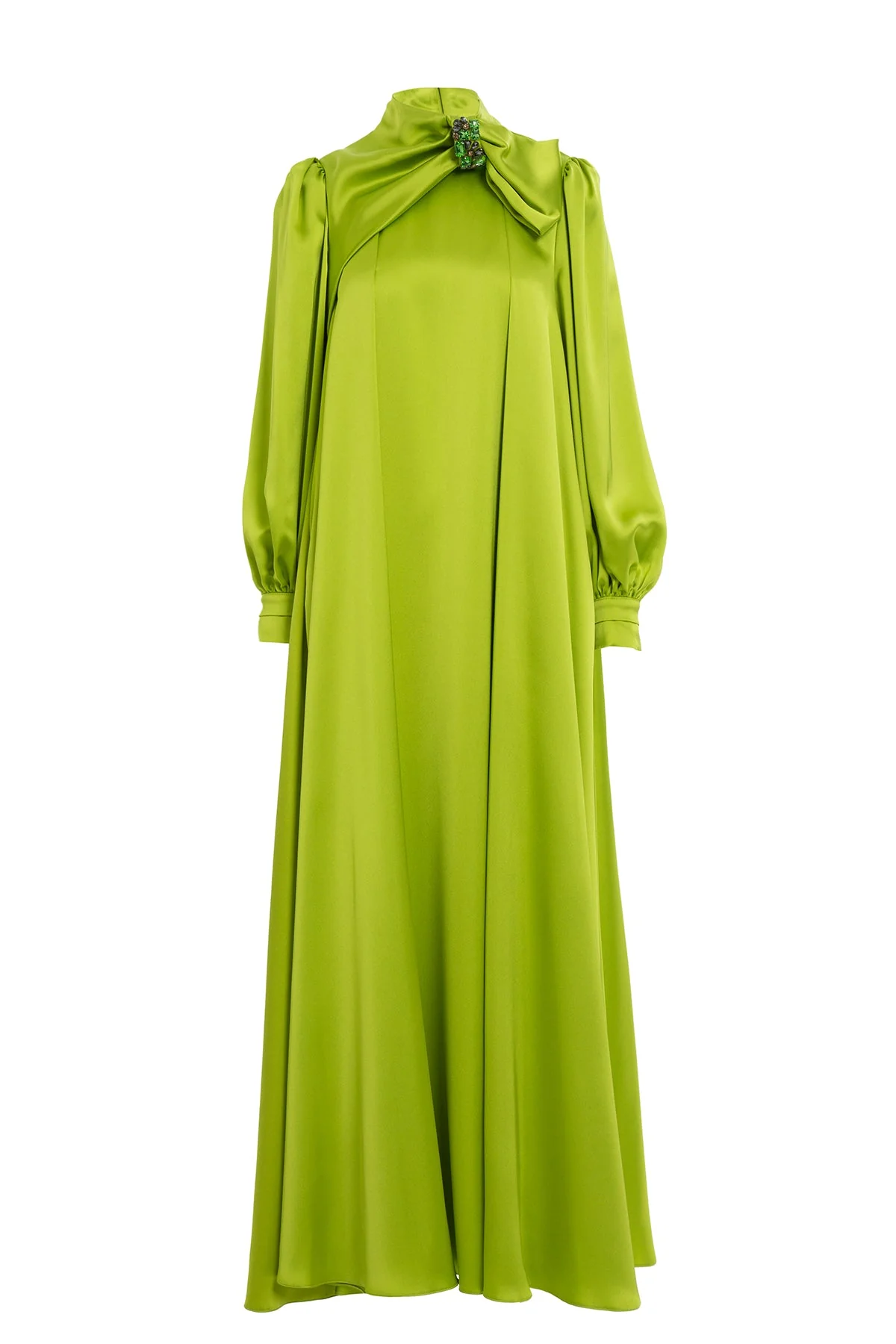 Pistachio Green Embroidered-Collar Bow-Detail Maxi Dress