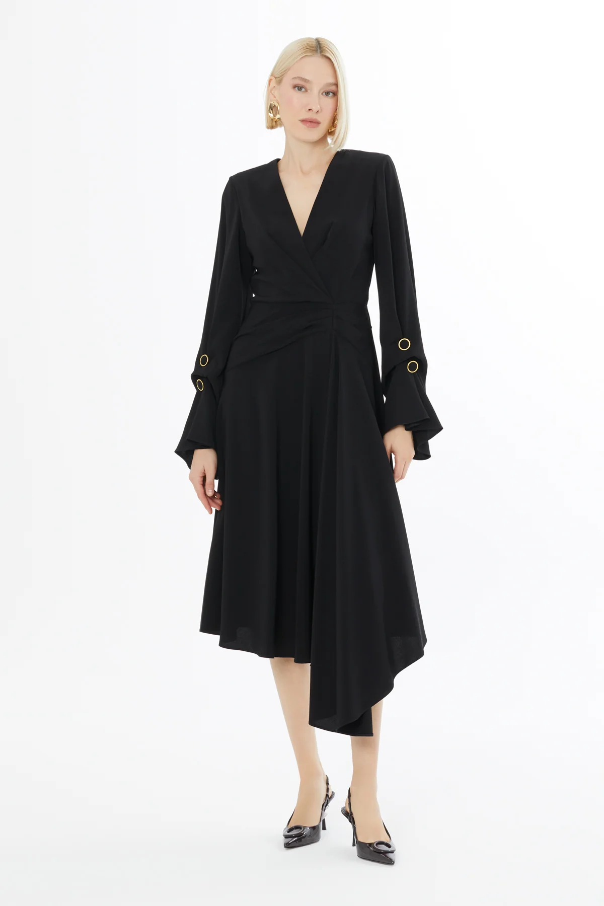 Pleated-Front Dress with Back Concealed Zip Closure