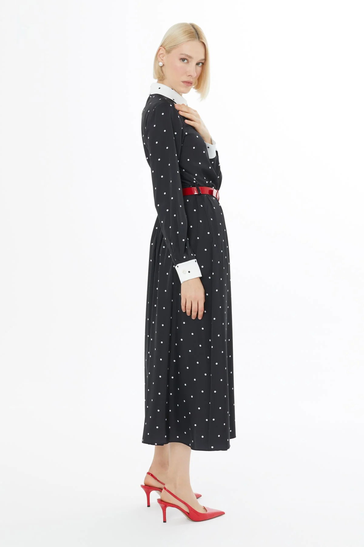 Polka Dot Belted Midi Dress - Image 3