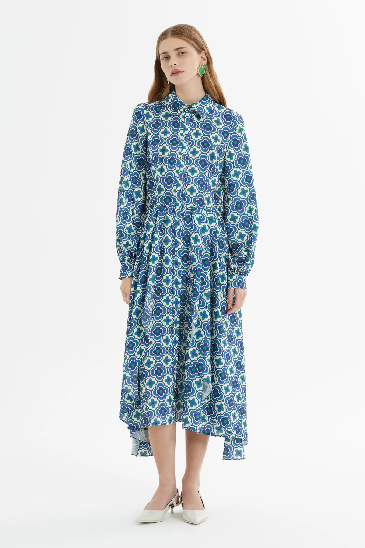 Printed Asymmetrical Buttoned Long Dress