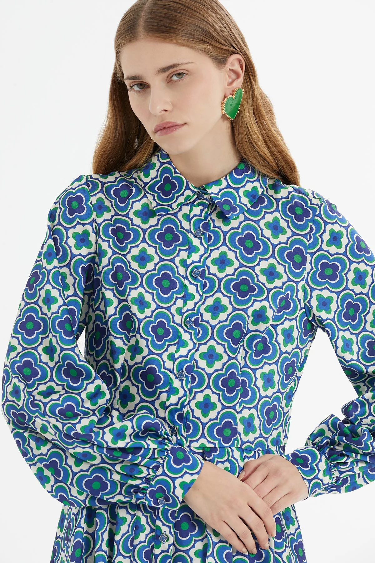 Printed Asymmetrical Buttoned Long Dress - Image 3