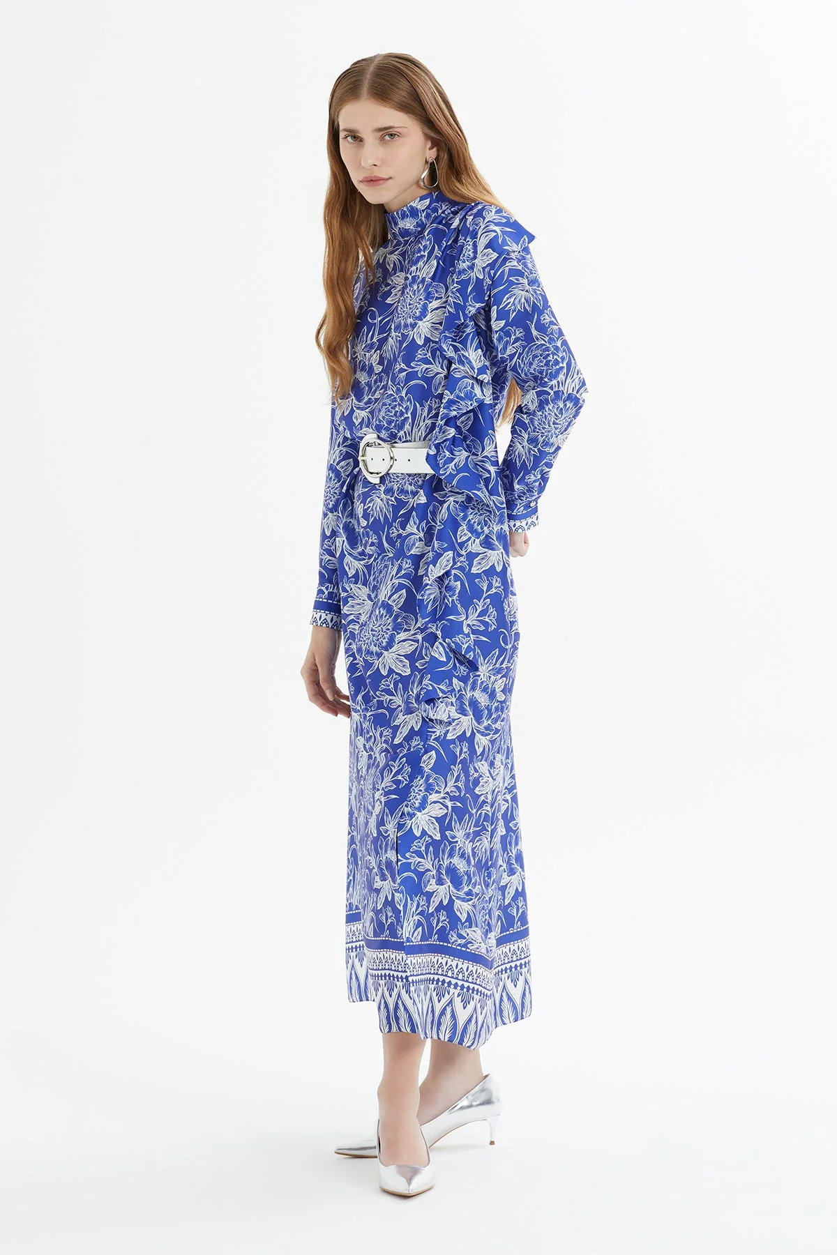 Printed Belted Maxi Dress with Ruffle - Image 4