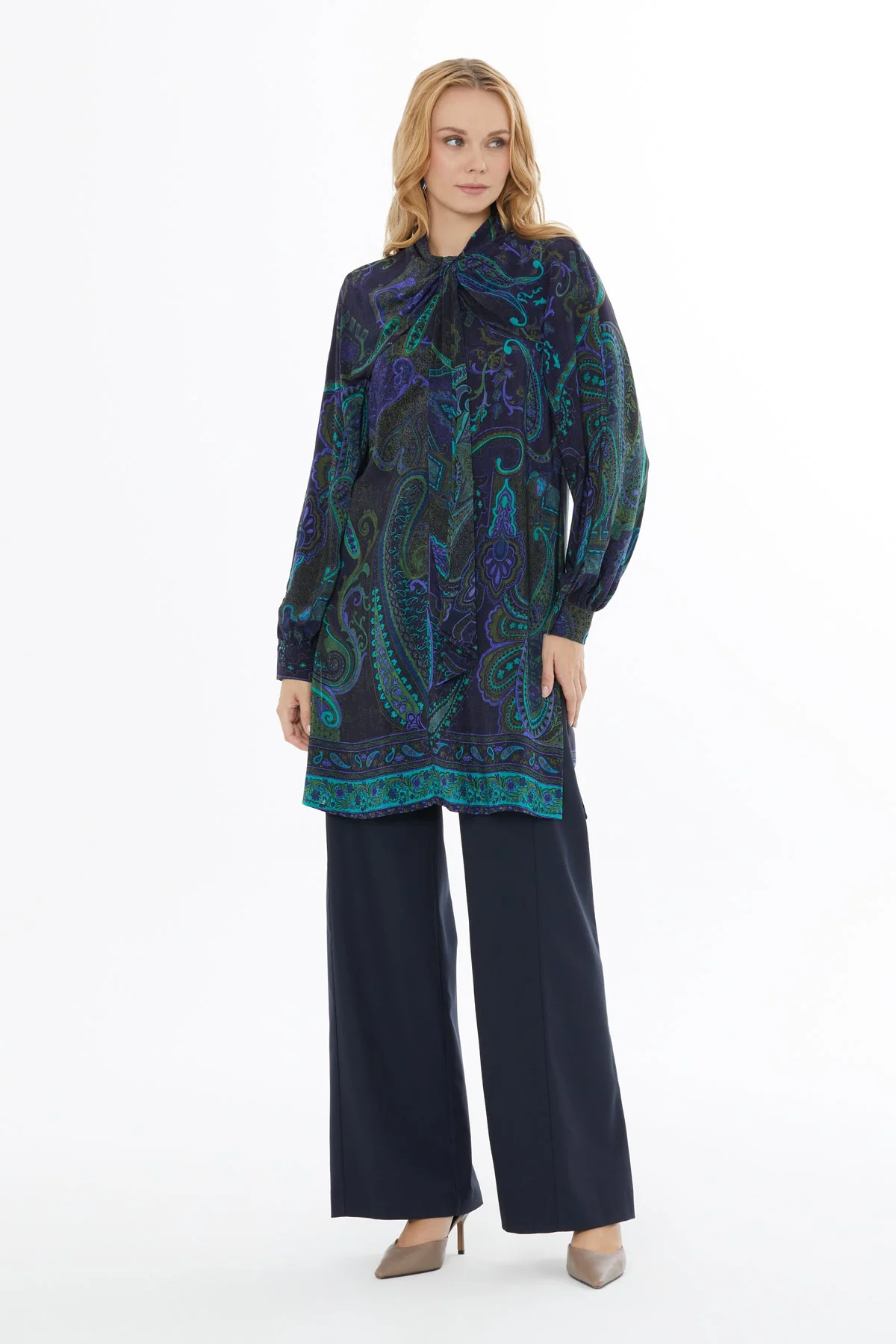 Printed Long Blouse with Tie Neckline