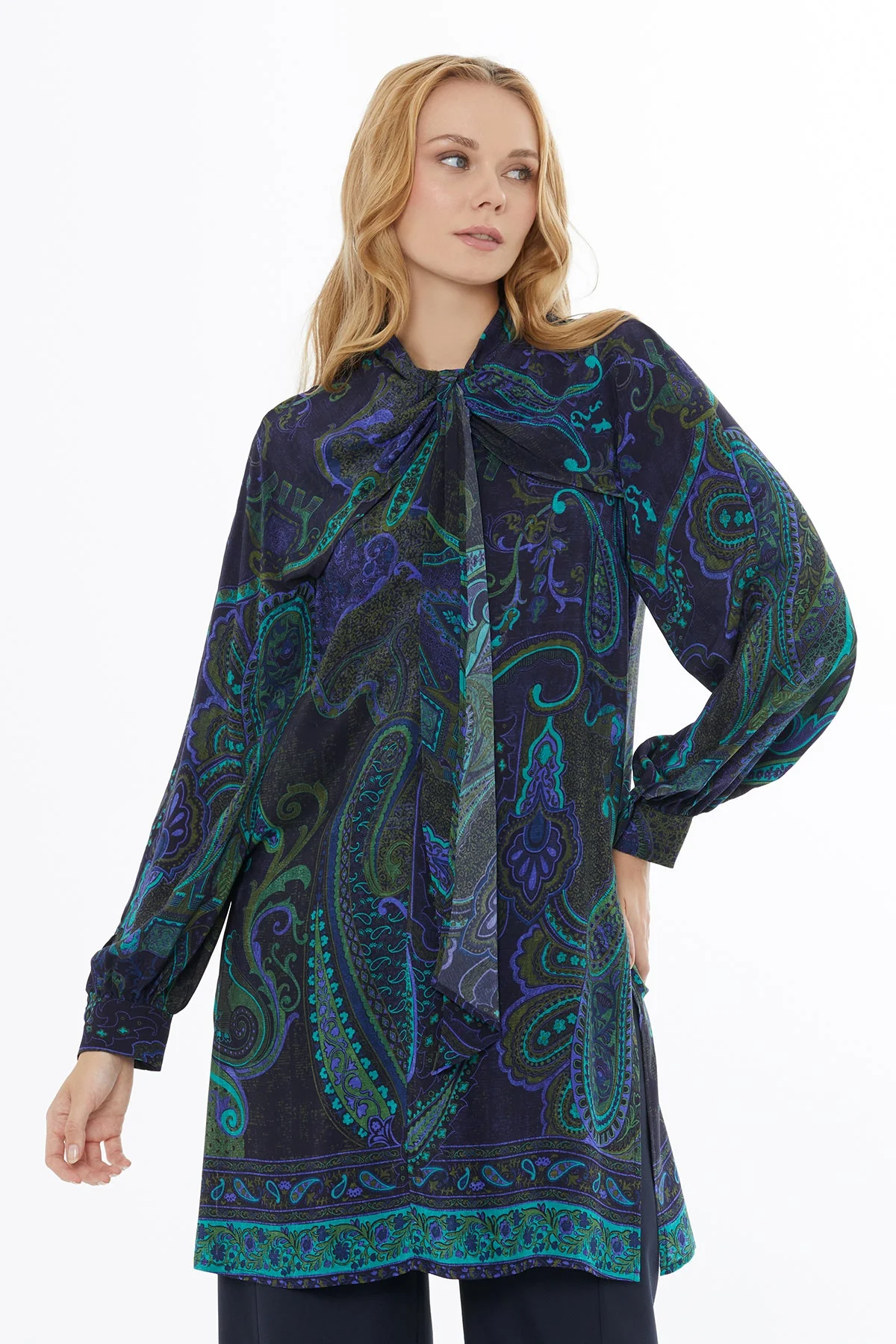Printed Long Blouse with Tie Neckline - Image 2