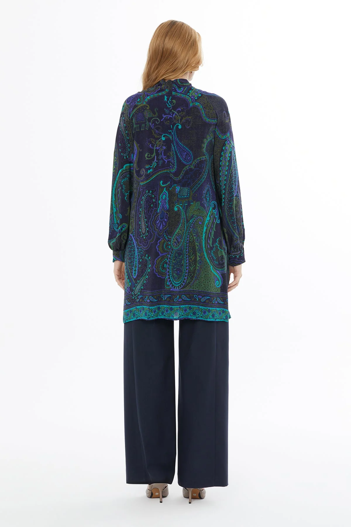 Printed Long Blouse with Tie Neckline - Image 4