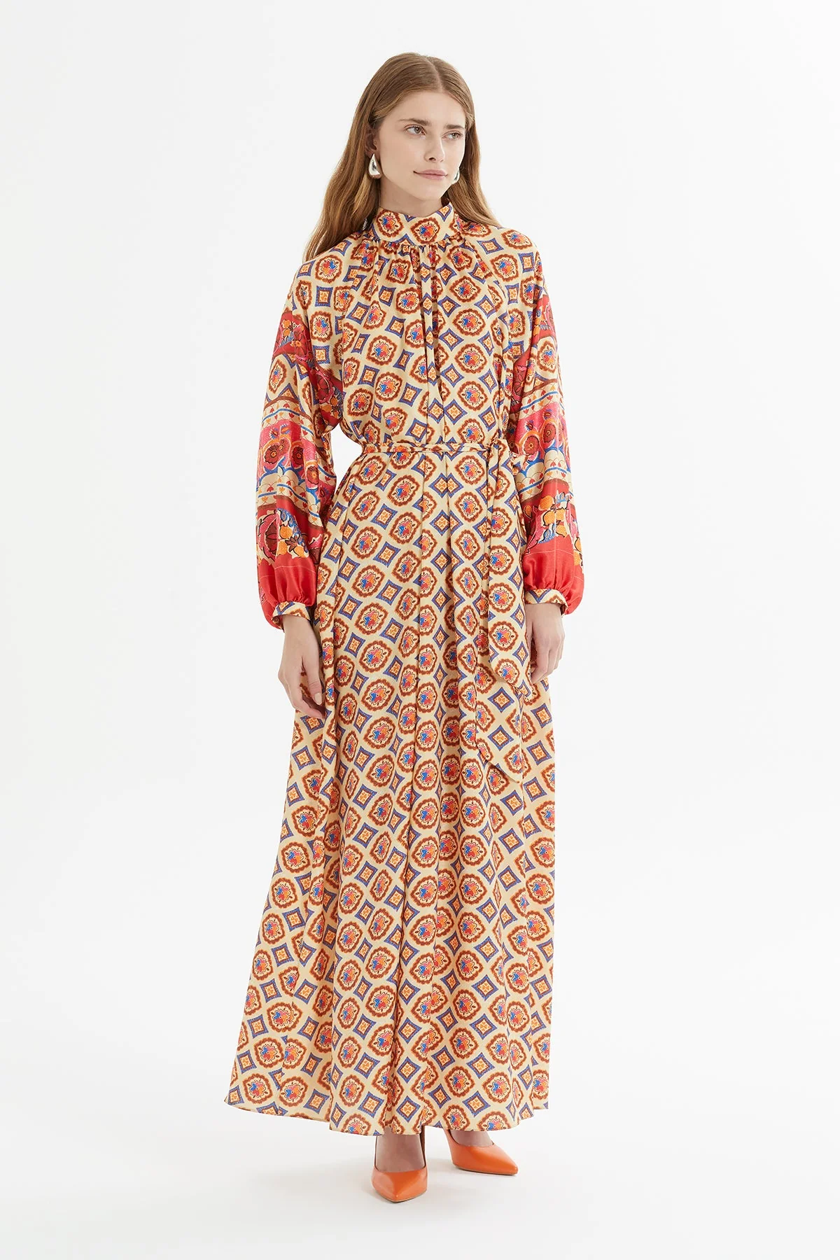 Printed Long Dress with Belt Detail - Image 2