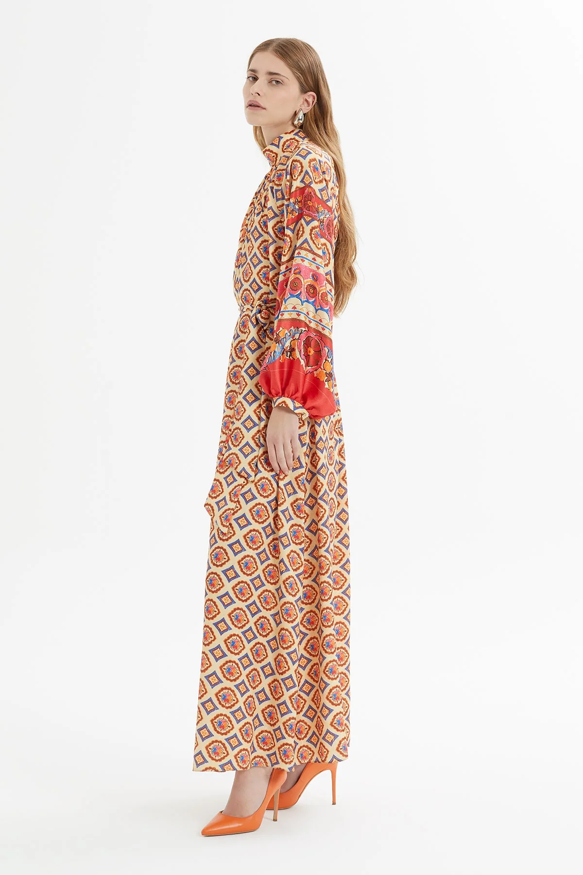 Printed Long Dress with Belt Detail - Image 3