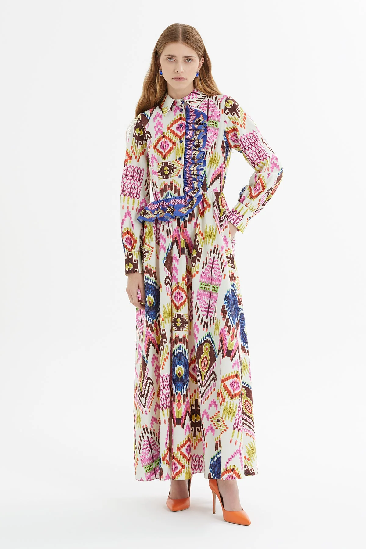 Printed Long Dress with Front Ruffle - Image 2