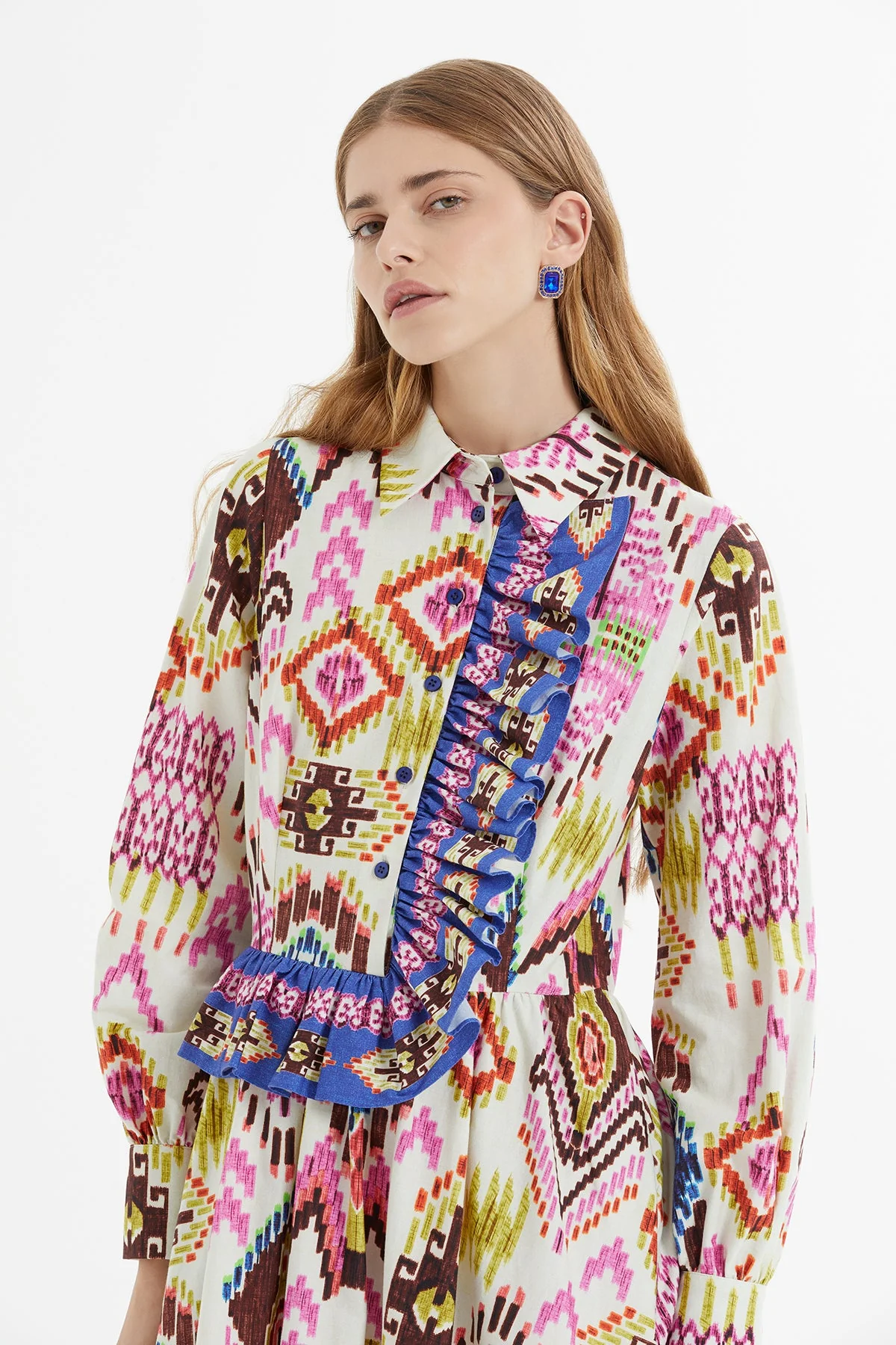 Printed Long Dress with Front Ruffle - Image 5