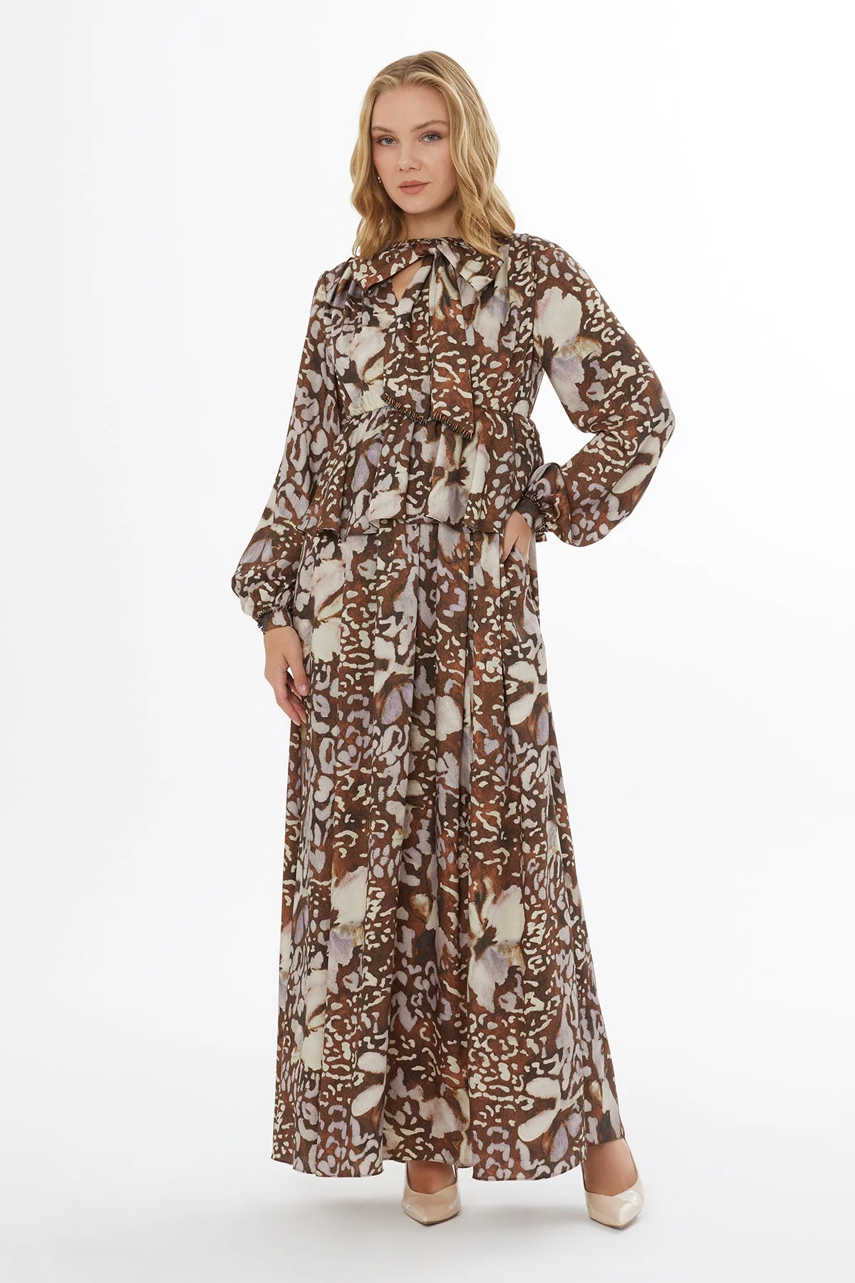 Printed Long Dress with Tie Neckline