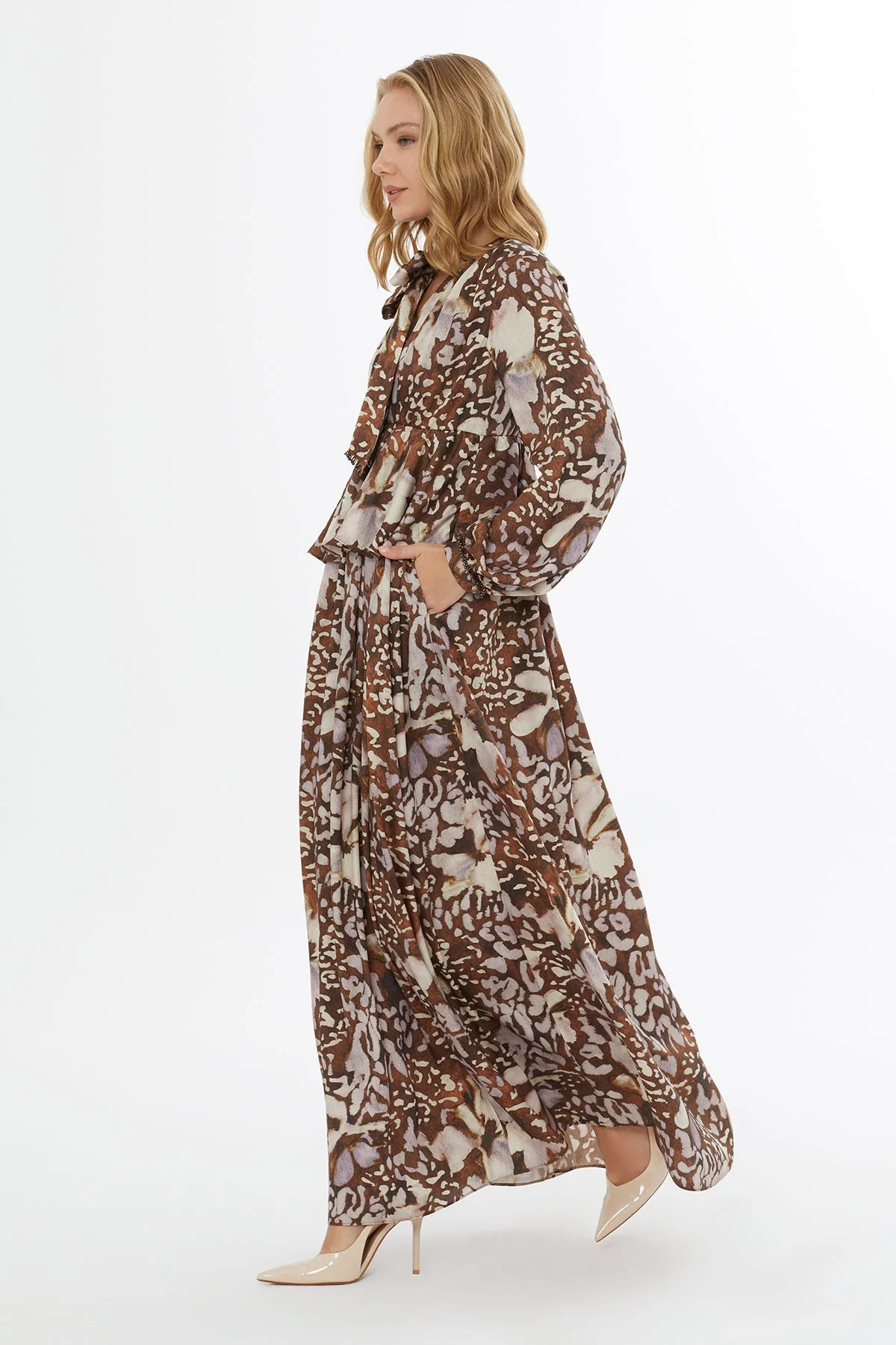 Printed Long Dress with Tie Neckline - Image 3