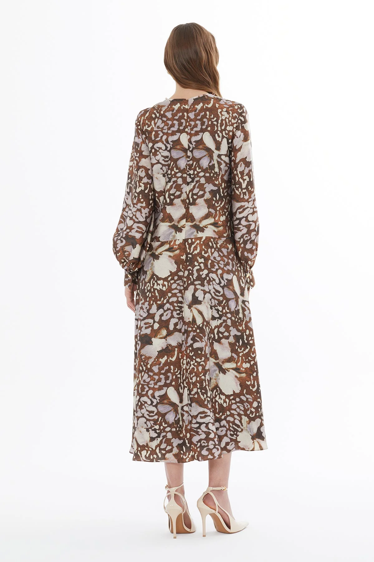 Printed Midi Dress with Beaded Collar - Image 4
