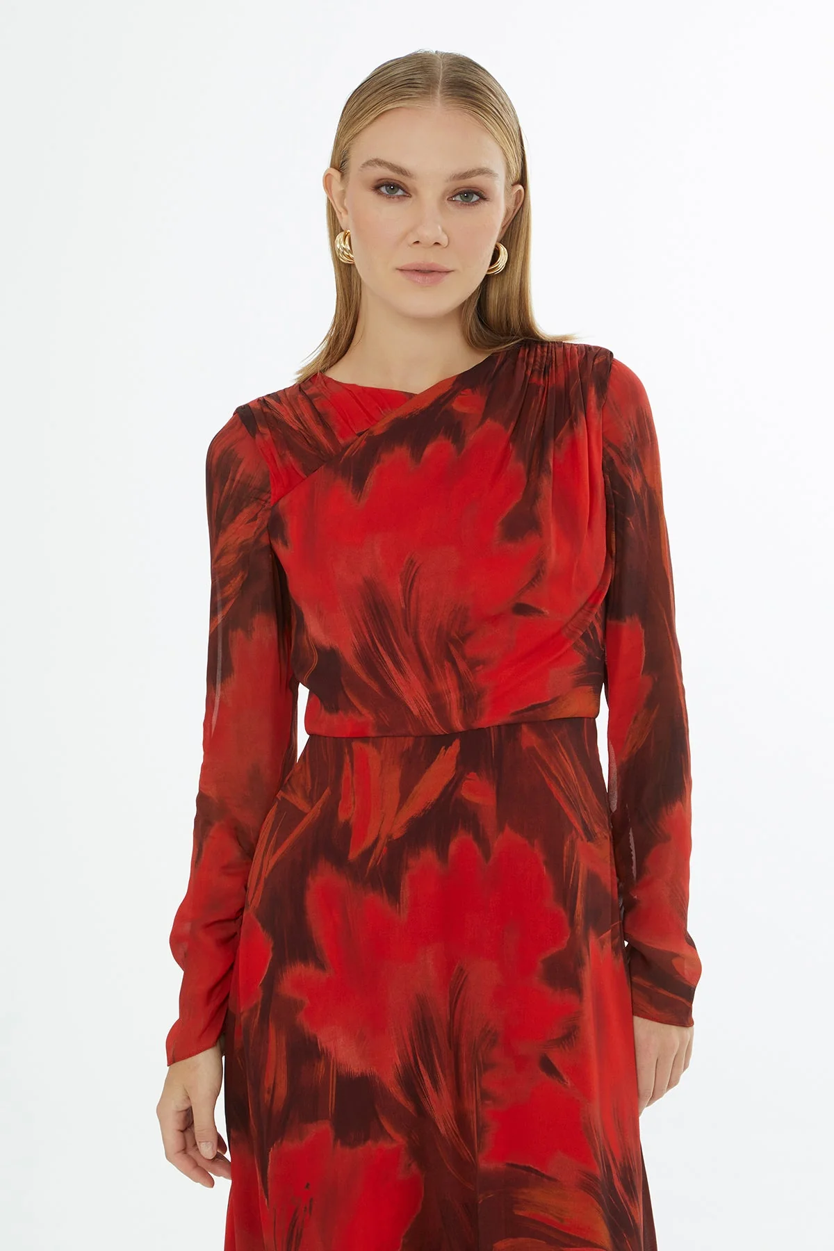 Printed Midi Dress with Shoulder Gathering - Image 3