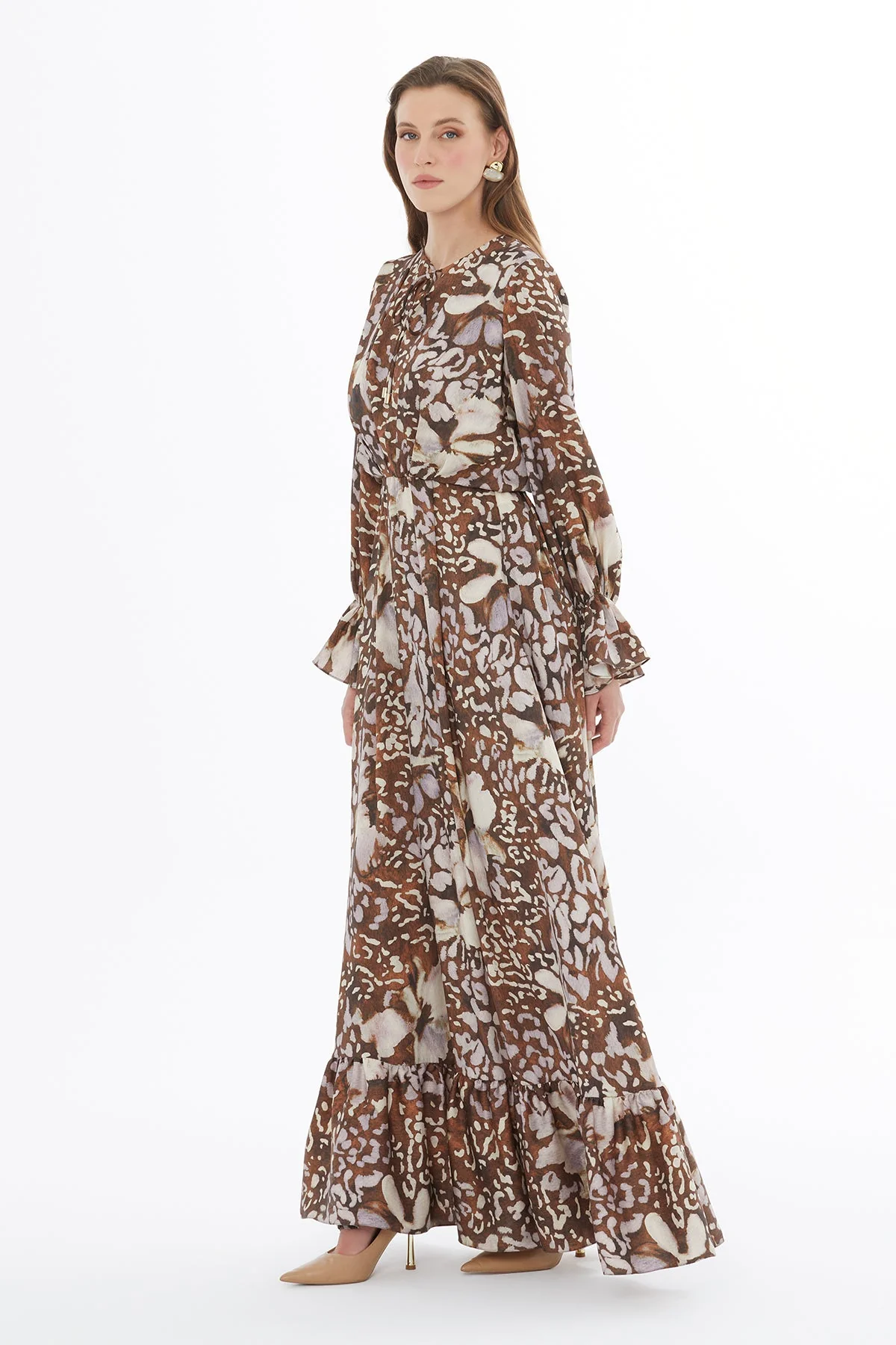 Printed Round Neck Ruffled Maxi Dress - Image 4