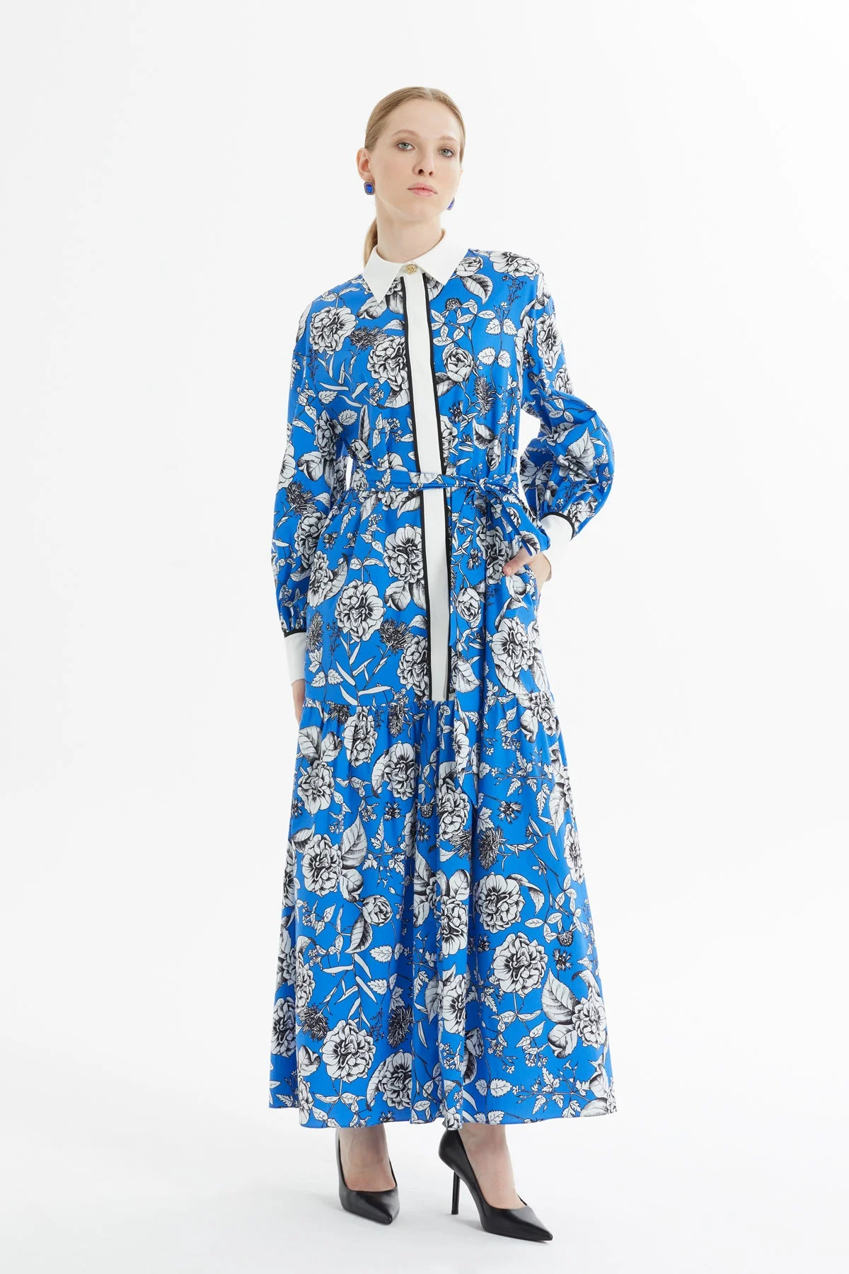 Printed Shirt-Collar Blue Long Dress