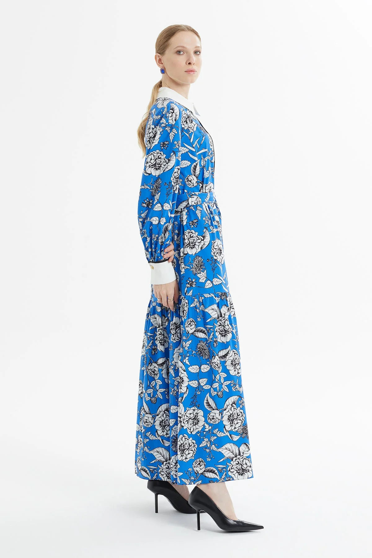 Printed Shirt-Collar Blue Long Dress - Image 3