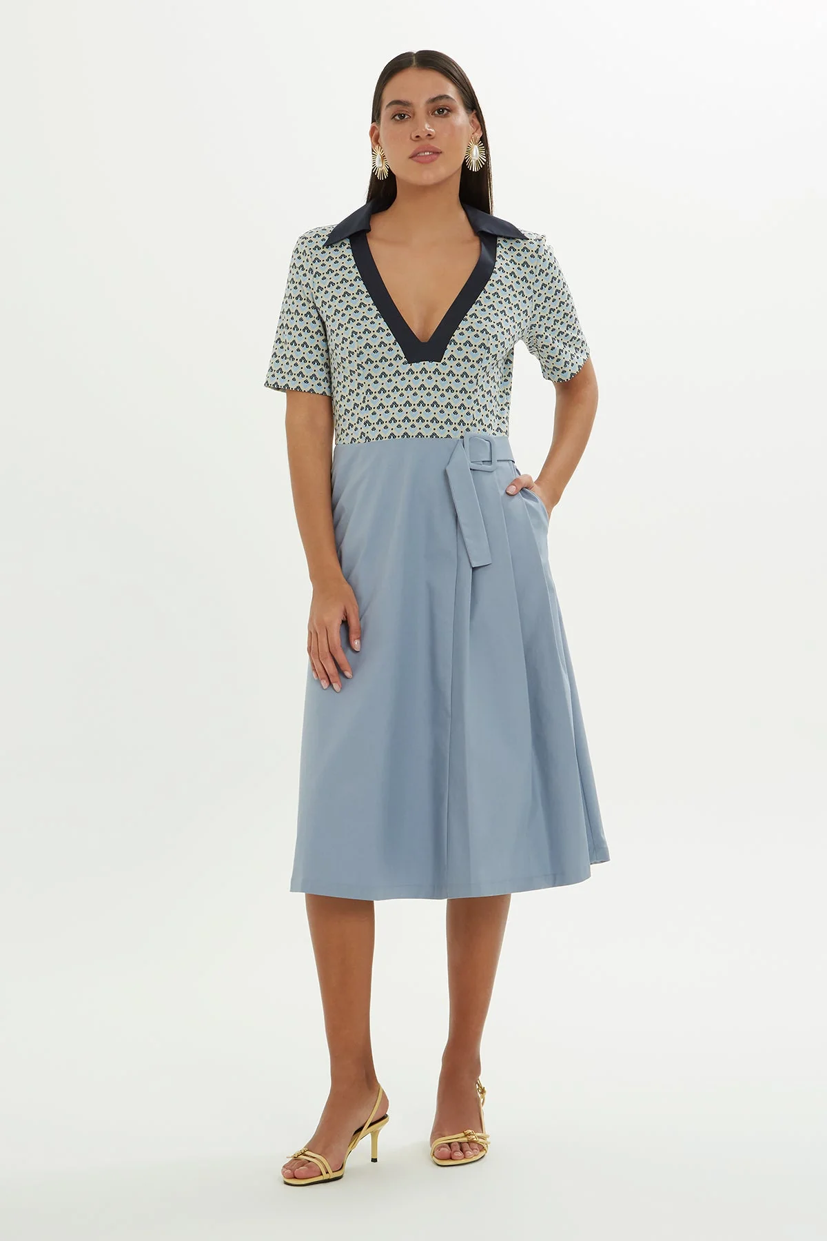 Printed Short-Sleeve Midi Dress