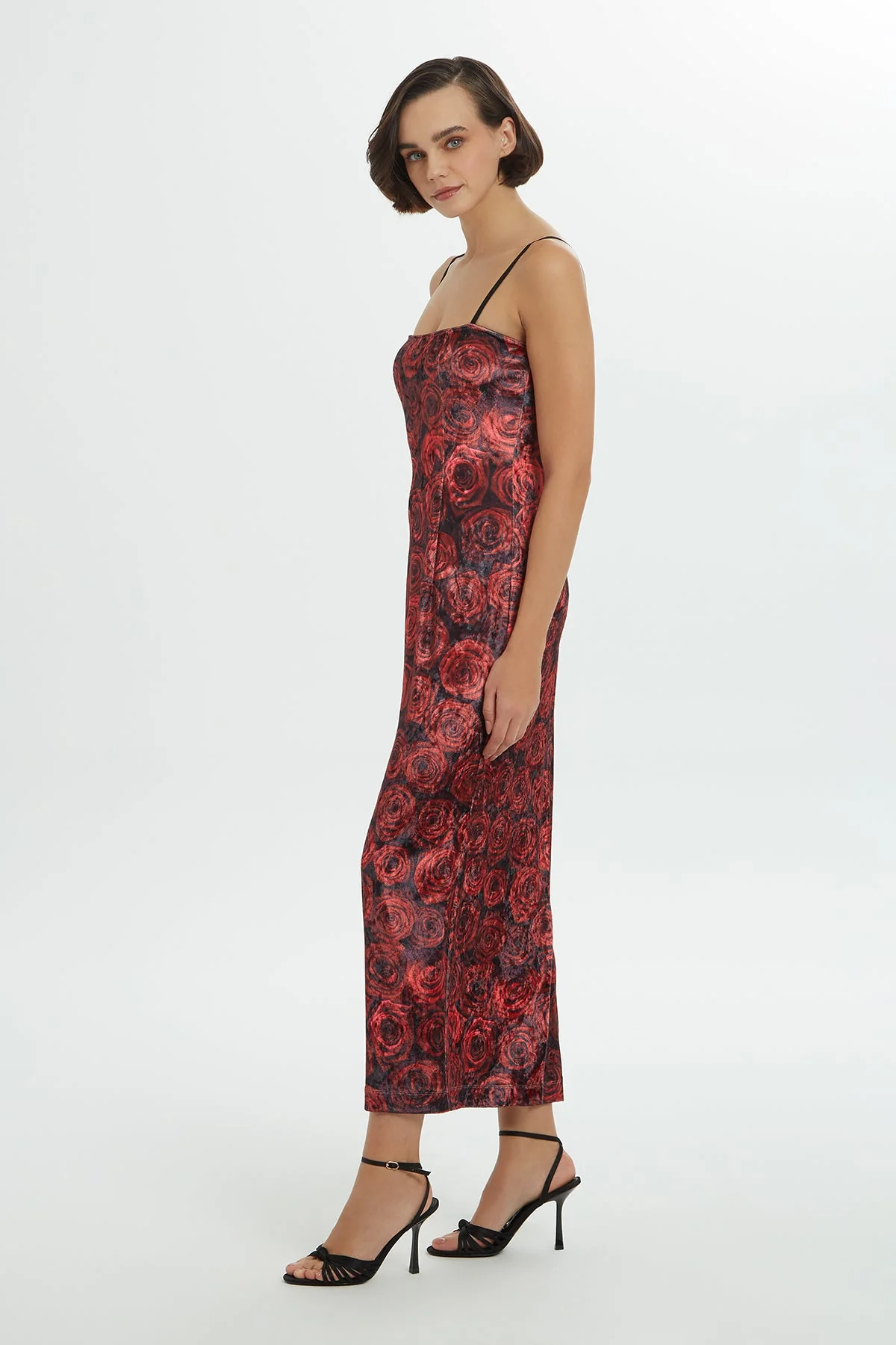 Printed Strappy Velvet Long Dress - Image 3