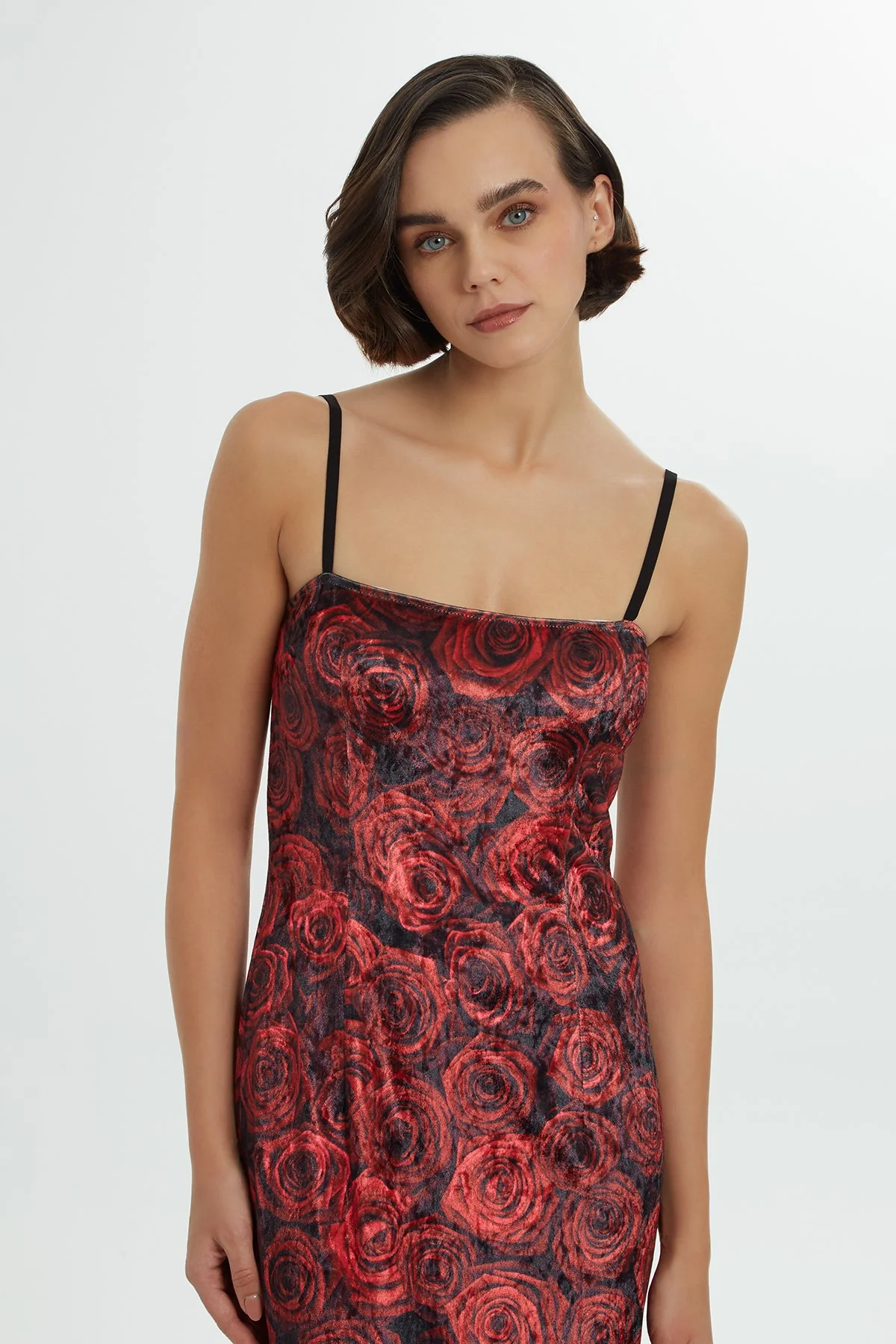 Printed Strappy Velvet Long Dress - Image 4