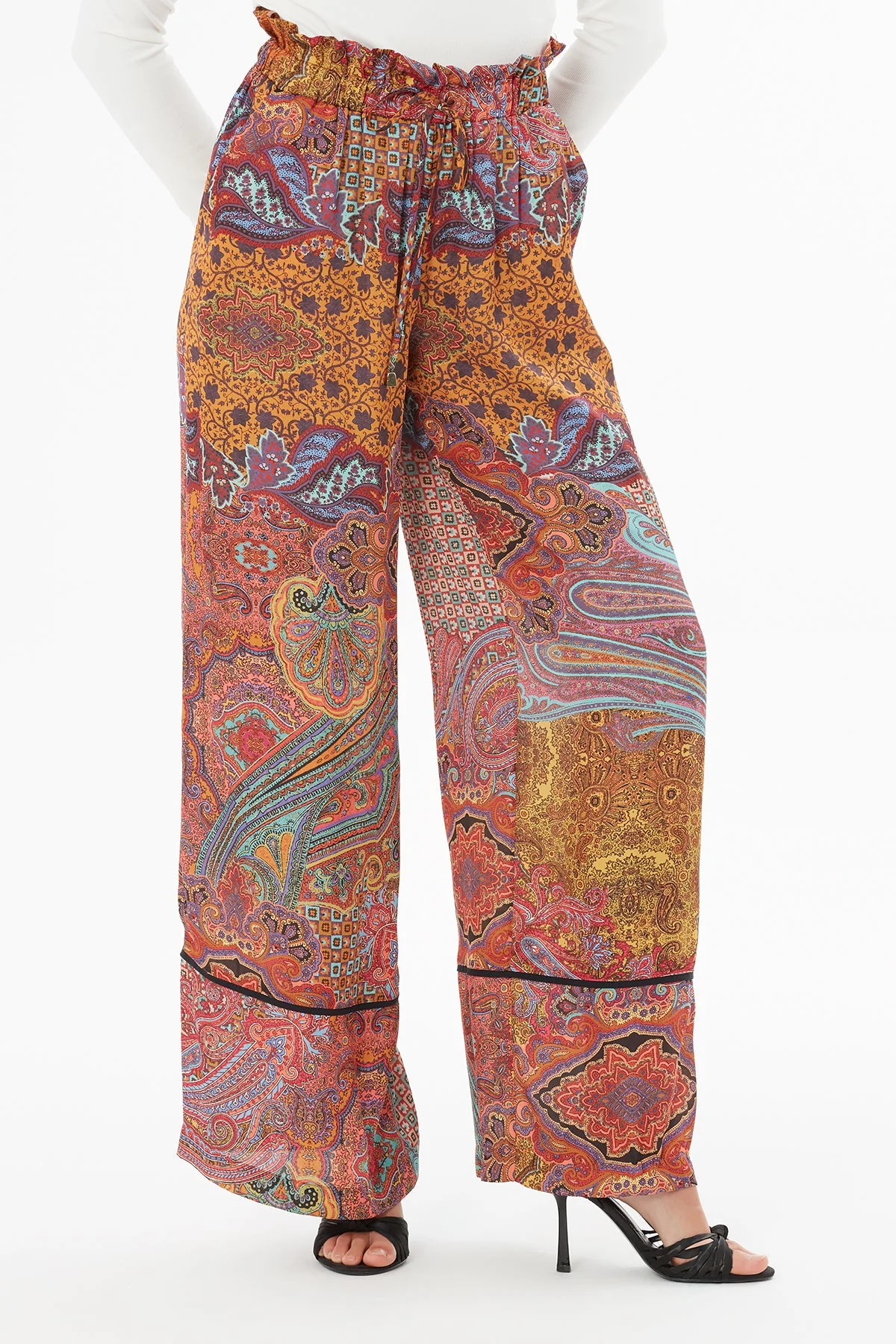 Printed Trousers with Self-Fabric Belt - Image 2