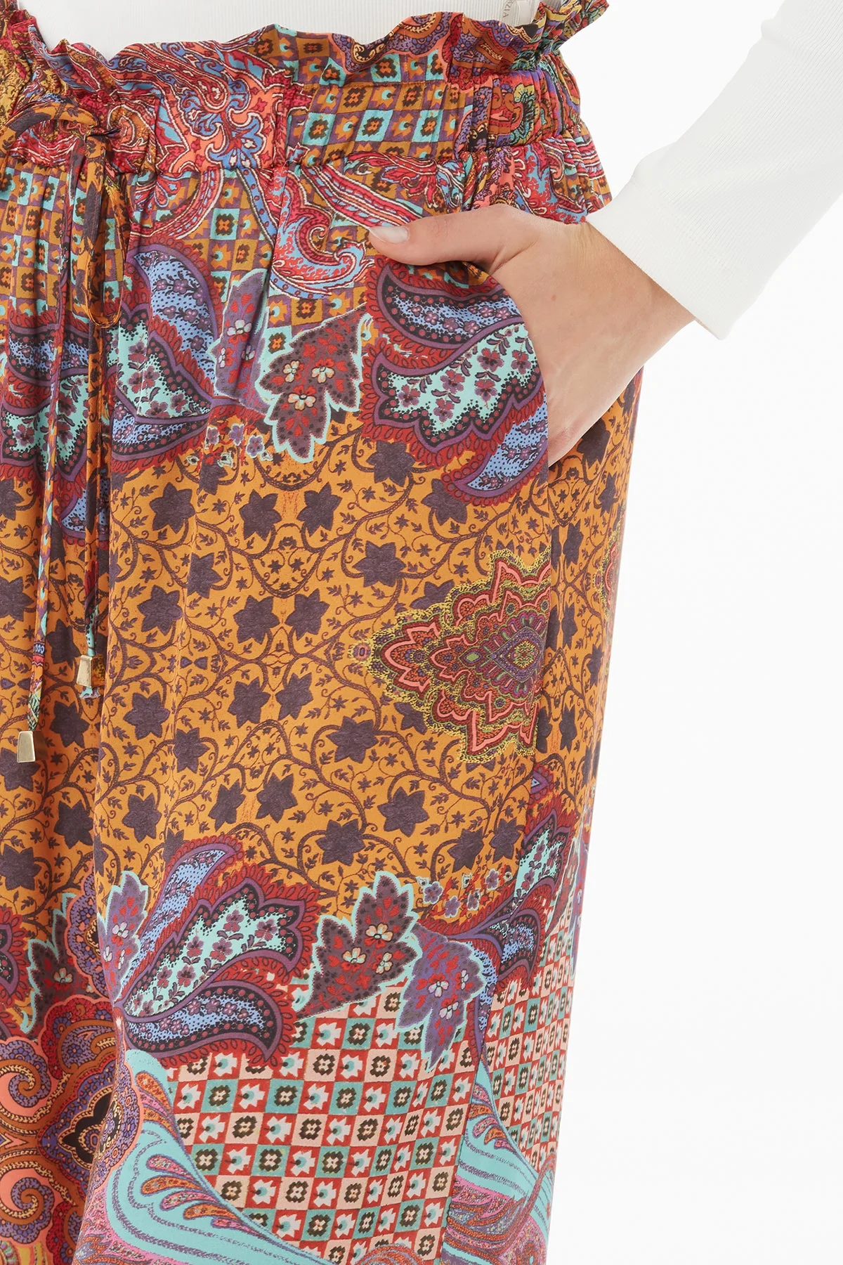Printed Trousers with Self-Fabric Belt - Image 3